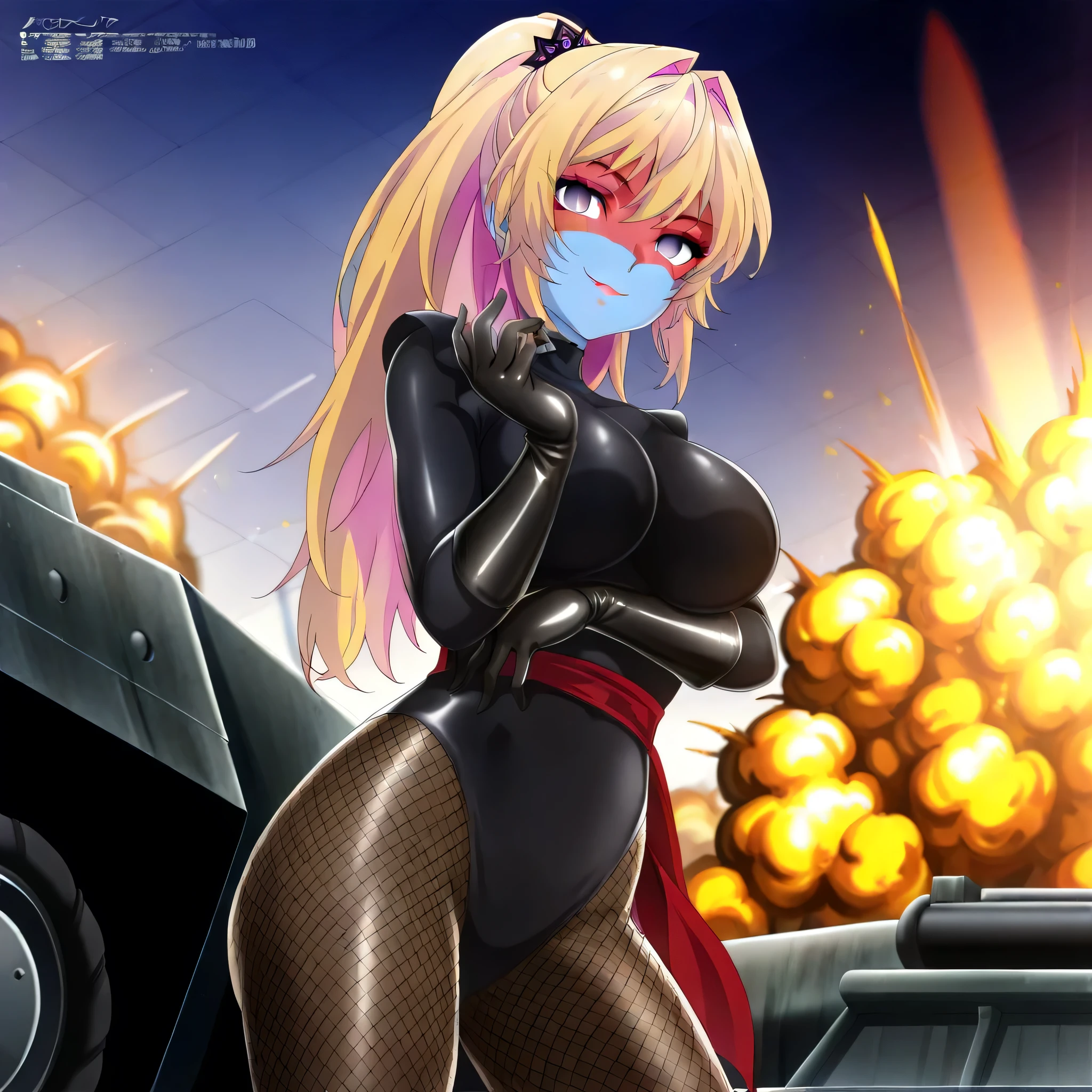 (((Masterpiece))), (((Best Quality))), ((Super Detail)), ultra-High resolution, score_9,score_8_up,score_7_up,score_6_up,score_5_up,score_4_up, BREAK, source_anime, anime screencap, uncensored, Masterpiece, (best shadow), (absurdres), (detailed background), (very aesthetic), detailed beautiful eyes, outstanding, an exquisite animation illustration, curvy, highres, shiny clothing, dark persona, empty eyes, blank eyes, shocker, black leotard, latex elbow gloves, brown fishnet pantyhose, red skin, blue skin, colored skin, red sash, neck, makeup, (((solo, 1girl))), hair ornament, seductive pose, submissive pose, anime style, anime coloring, animification, megami magazine, sexy pose, dynamic angle, cinematic angle, dutch angle, dynamic composition, large breast, kannawa azusa, blonde hair, hair intakes, long hair, multicolored hair, pink hair, two-tone hair, purple eyes, kannawa_azusa_bukiyounasenpai, colored inner hair, pink hair, ponytail, very long hair, adjusting glove, standing, contrapposto, determined, proudly, confident smile, tank_(vehicle), military background, battlefield, apocalyptic, explosion, debris, rubble, dappled light, sunbeam, hand on glove, hand up