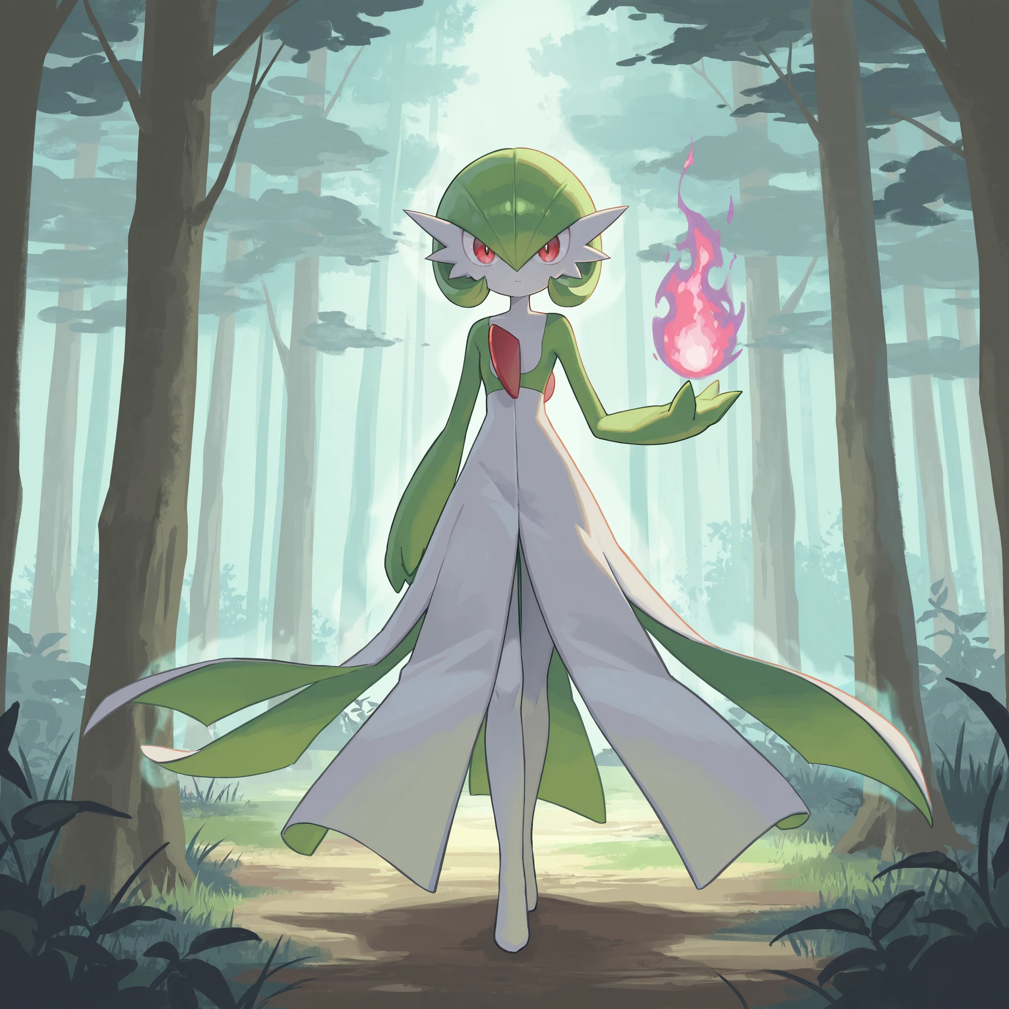 masterpiece, ultra-HD, impressionism, high detail, best quality, very aesthetic, 8K, best quality, beautiful, ultra-high resolution, 32K UHD, sharp focus, 1girl, solo, Gardevoir, white skin, green hair, short hair, red eyes, white dress, pokemon (creature), green sleeves, slim, serious, cute, raised hand, glowing aura, purple aura, psychic aura, holding pink flames, standing, full body, looking at the viewer, forest background, front view 