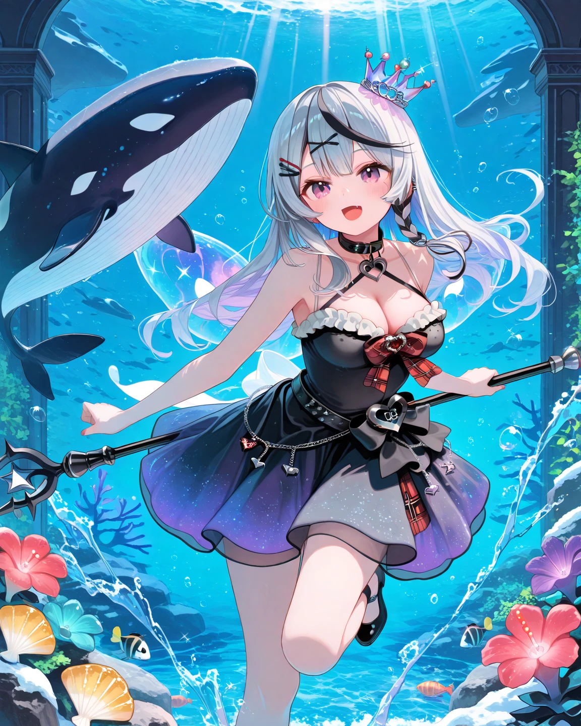 best quality, masterpiece, highres, solo, {minato_yukina_bangdream:1.15}, long_hair, bangs, yellow_eyes, grey_hair, hair_ornament, flower, rose, jewelry, hair_flower, 1girl, underwater, earrings, air_bubble, bubble, looking_at_viewer, blue_hair, frills, midriff, navel, necklace, open_mouth