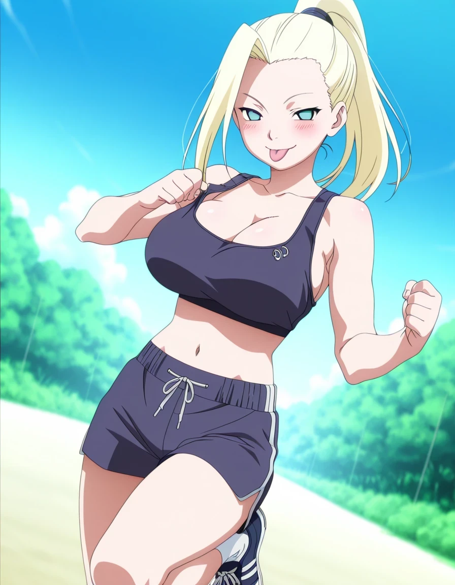 傑作、best quality、best resolution、best image quality、amazing quality、 very aesthetic、 absurdres、anime coloring、anime screencap、anime screenshot、1girl、<lora:P-IL-GeninIno:1>、ino、solo、13 years old、younger、blonde hair、blue eyes、high ponytail hair、big breasts、cleavage、large breasts、large boobs、bare shoulders、bare arms、bare legs、collarbone、trapezius、navel、abdominal muscles、outfit:sports bra、wearing a hot pants、navy blue sports bra、ivory hot pants、white socks、running shoes、standing、seductive smile、smug、open mouth、blush、looking at viewer、cowboy shot、female focus、dutch angle、blue sky、