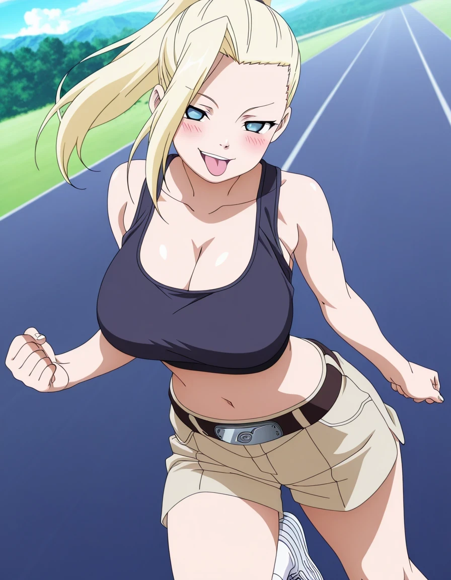 傑作、best quality、best resolution、best image quality、amazing quality、 very aesthetic、 absurdres、anime coloring、anime screencap、anime screenshot、1girl、<lora:P-IL-GeninIno:1>、ino、solo、13 years old、younger、blonde hair、blue eyes、high ponytail hair、big breasts、cleavage、large breasts、large boobs、bare shoulders、bare arms、bare legs、collarbone、trapezius、navel、abdominal muscles、outfit:sports bra、wearing a hot pants、navy blue sports bra、Khaki hot pants、belt、white socks、running shoes、standing、seductive smile、smug、open mouth、blush、looking at viewer、cowboy shot、female focus、dutch angle、blue sky、