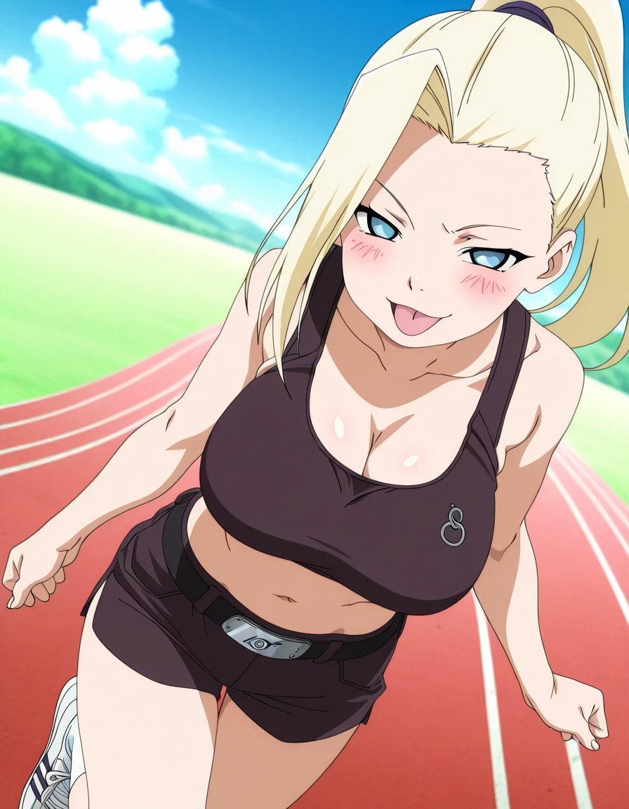 傑作、best quality、best resolution、best image quality、amazing quality、 very aesthetic、 absurdres、anime coloring、anime screencap、anime screenshot、1girl、<lora:P-IL-GeninIno:1>、ino、solo、13 years old、younger、blonde hair、blue eyes、high ponytail hair、big breasts、cleavage、large breasts、large boobs、bare shoulders、bare arms、bare legs、collarbone、trapezius、navel、abdominal muscles、outfit:sports bra、wearing a hot pants、black sports bra、ivory hot pants、belt、white socks、running shoes、tight sports bra、standing、seductive smile、smug、open mouth、blush、looking at viewer、cowboy shot、female focus、dutch angle、blue sky、