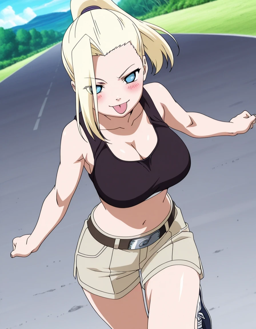 傑作、best quality、best resolution、best image quality、amazing quality、 very aesthetic、 absurdres、anime coloring、anime screencap、anime screenshot、1girl、<lora:P-IL-GeninIno:1>、ino、solo、13 years old、younger、blonde hair、blue eyes、high ponytail hair、big breasts、cleavage、large breasts、large boobs、bare shoulders、bare arms、bare legs、collarbone、trapezius、navel、abdominal muscles、outfit:sports bra、wearing a hot pants、black sports bra、Khaki hot pants、belt、white socks、running shoes、tight sports bra、standing、seductive smile、smug、open mouth、blush、looking at viewer、cowboy shot、female focus、dutch angle、blue sky、