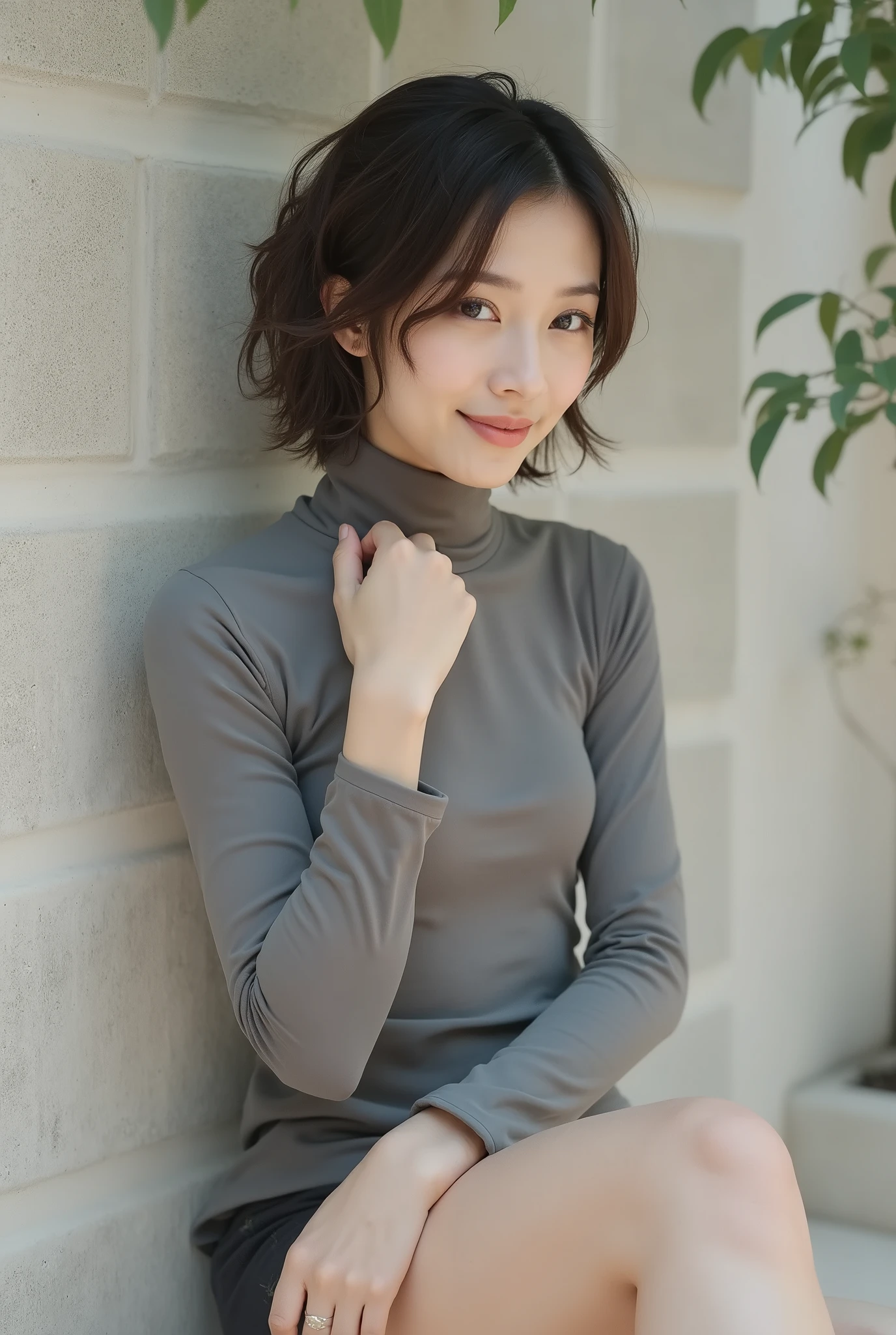 ( super real) , , ( high image quality ) , (8k) , ( Very Detailed) ,  ( top quality) , ( Super Detailed) , (masterpiece) , (Mortar Wallpaper) , ( detailed face ) , garden , side , solo ,  Woman wearing a long-sleeved turtleneck , sweated , japanese , , early 、、 concrete background 、Tile Background、 upper body with clear contours、curl hair ,  low rise panties,  
