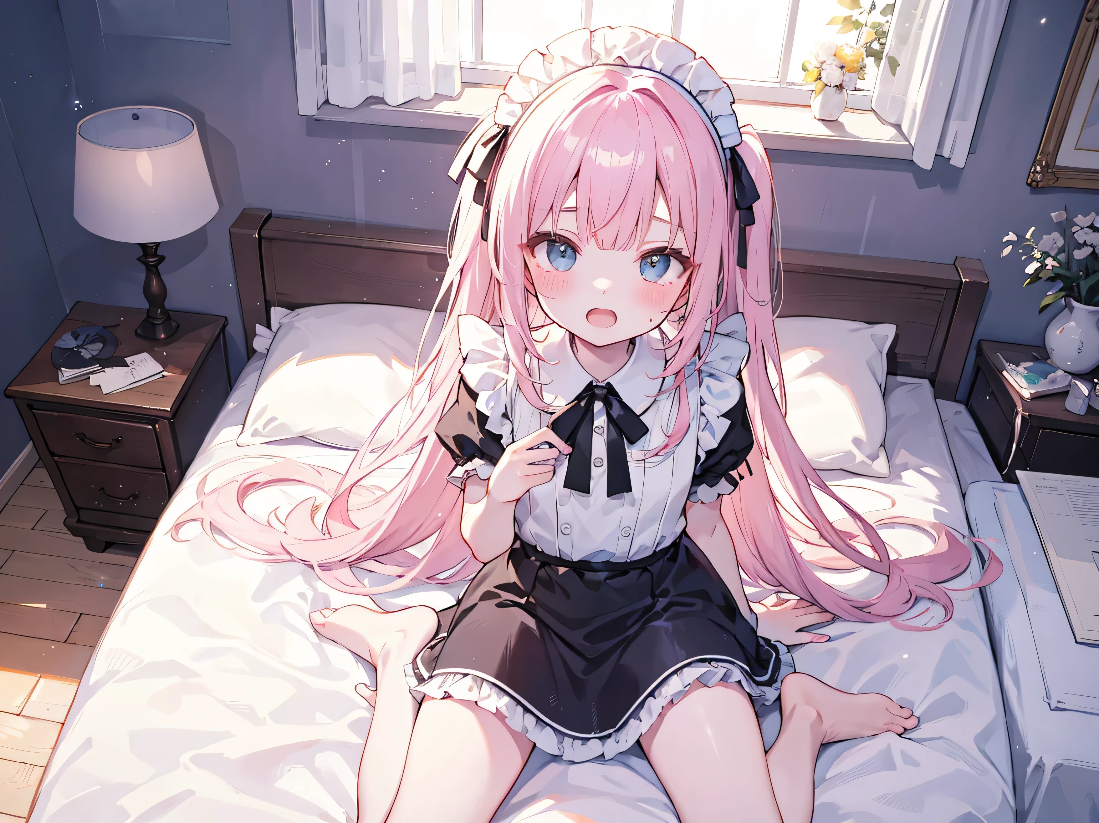 masterpiece, top quality, , 8k, Official Art, Movie Lighting, 1 girl, Maid Outfit, Barefoot, Sweaty feet、sitting, on the bed, bedroom,blushing、Both hands on crotch、open mouth、uncensored、18ban、、angle from above、facing up、above、square、slouched eyes、 sunlight,Dim Room、 staring at the audience,masterpiece 、 top quality 、 、 8k 、 Official Art 、 Movie Lighting 、 Ultra High Definition 、 1 girl 、 maid outfit 、 、 sitting 、 on the bed 、 bedroom 、 sunlight 、 watching the audience