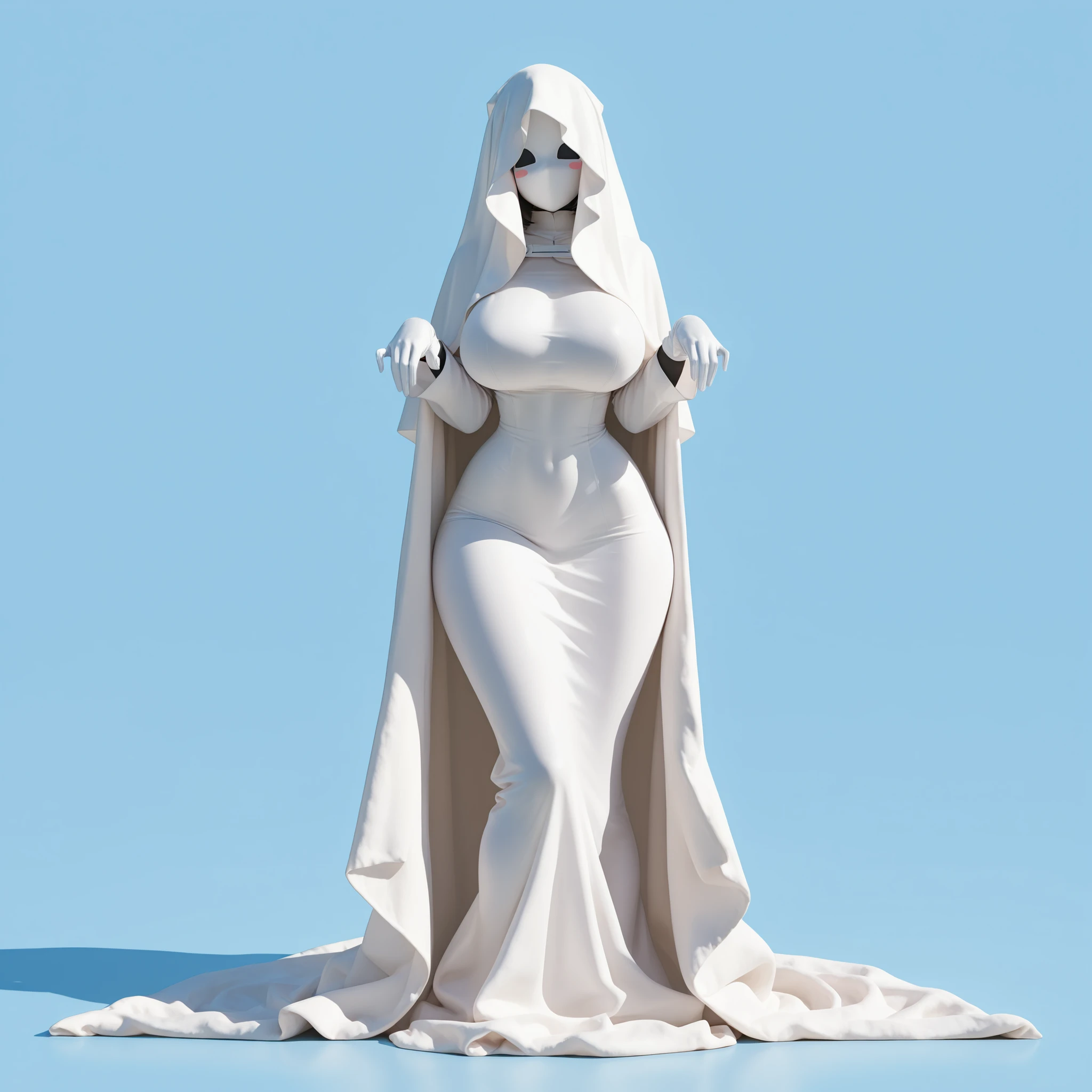 masterpiece, ultra-HD, impressionism, high detail, best quality, very aesthetic, 8K, best quality, beautiful, ultra-high resolution, 32K UHD, sharp focus, 3D, 1woman, solo, white blanket ghost, black eyes, blush stickers, no pupils, faceless, covered face, blanket covering face, blanket on face, ghost mask, , narrow waist, wide , thick thighs, shapely legs, slim, white tight long dress, white long sleeves, white gloves, shy, cute, ghost pose, standing, full body, looking at the viewer, looking at viewer, simple background, front view