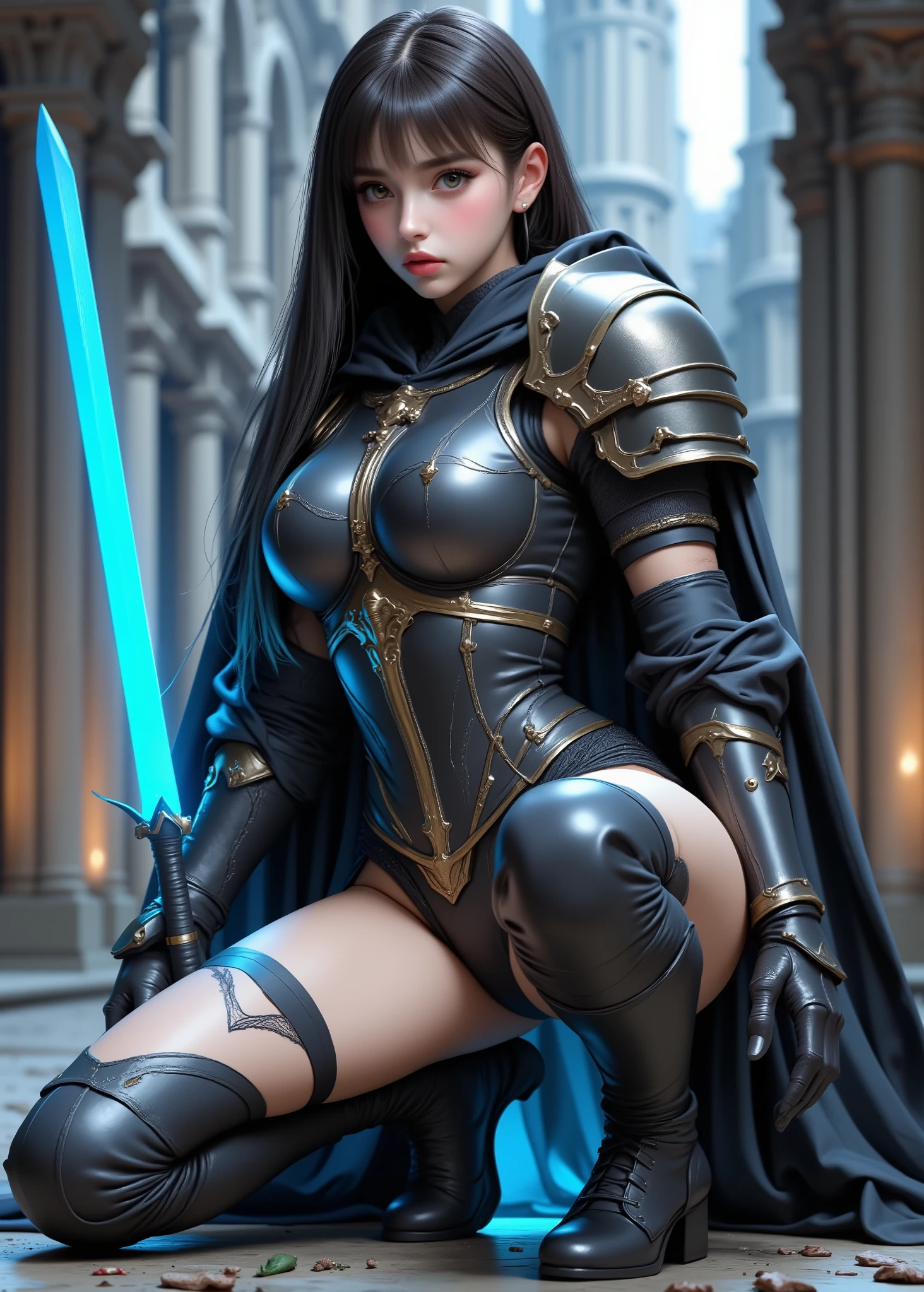 ultra realistic full body photo  ,  young girl ，身穿龐克風连帽  Knights Templar裝,  holding an ocean blue glowing sword ,I'm crouching with one leg、 I can see my beautiful belly  、  Knights Templar，  sexy、I'm crouching with an old cyberpunk castle in the background。