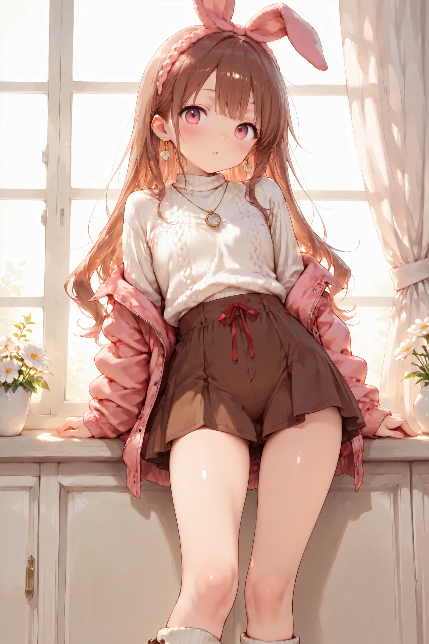 Shiny skin, Babe, character, meroko.
masterpiece, best quality, a cute anime girl.
# body
very flat chest, skinny figure, slim waist, beautiful legs, long legs.
# hair
chestnut brown wavy long hair reaching shoulder blades, hair down, natural loose waves.
# eyes
pink eyes.
# outfit
ivory short down jacket, white ribbed knit sweater, brown flared mini skirt, dusty pink muffler, white knit tights, fur-trimmed short boots, pink bunny ear headband, single white flower and red ribbon on right side, round pendant necklace, long drop earrings.
# pose
standing, relaxed posture, slight contrapposto, both legs aligned naturally, shoulders relaxed, head slightly tilted.
# background
soft winter town street, gentle daylight, calm atmosphere.
upper body only, face close up.
# composition
fine line art, delicate line drawing, thin outlines, clean outlines, minimal noise.