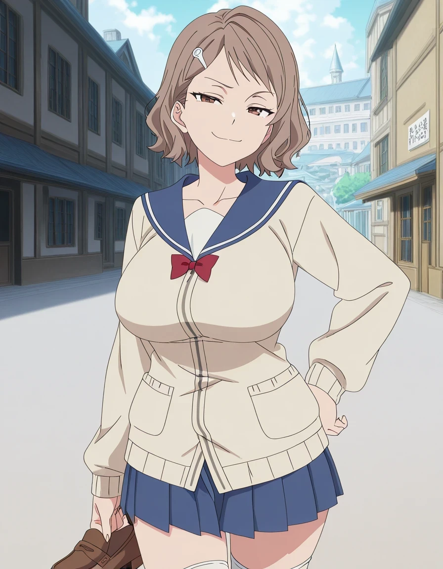 傑作、best quality、best resolution、best image quality、amazing quality、 very aesthetic、 absurdres、anime coloring、anime screencap、anime screenshot、1girl、<lora:kara-minami-s1-illustriousxl-lora-nochekaiser:1>、kara minami、solo、brown hair、short hair、brown eyes、hair ornament、hairclip、mature lady、collarbone、large breasts、large boobs、blue pleated skirt、long sleeves、red bowtie、blue sailorcollar、serafuku、cardigan、white thigh high socks、brown loafers、naughty smile、lewd smile、full body、smug、boyish、Buildings、architecture、man made、urban、interior、female focus、looking at viewer、cowboy shot、