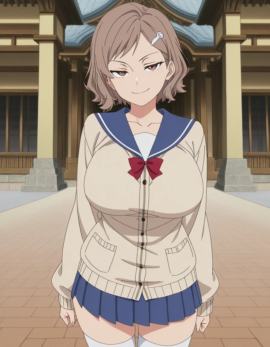 傑作、best quality、best resolution、best image quality、amazing quality、 very aesthetic、 absurdres、anime coloring、anime screencap、anime screenshot、1girl、<lora:kara-minami-s1-illustriousxl-lora-nochekaiser:1>、kara minami、solo、brown hair、short hair、brown eyes、hair ornament、hairclip、mature lady、collarbone、large breasts、large boobs、blue pleated skirt、long sleeves、red bowtie、blue sailorcollar、serafuku、cardigan、white thigh high socks、brown loafers、naughty smile、lewd smile、full body、smug、boyish、gal、Buildings、architecture、man made、urban、interior、female focus、looking at viewer、cowboy shot、