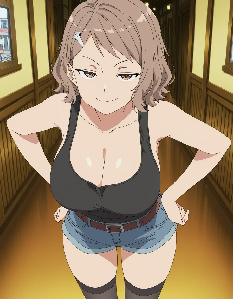 傑作、best quality、best resolution、best image quality、amazing quality、 very aesthetic、 absurdres、anime coloring、anime screencap、anime screenshot、1girl、<lora:kara-minami-s1-illustriousxl-lora-nochekaiser:1>、kara minami、solo、brown hair、short hair、brown eyes、hair ornament、hairclip、mature lady、collarbone、large breasts、cleavage、large boobs、bare shoulders、bare arms、bare legs、black tank top、denim shorts、belt、skin tight tank top、black thigh high socks、brown loafers、naughty smile、lewd smile、full body、smug、boyish、gal、Buildings、architecture、man made、urban、interior、female focus、looking at viewer、cowboy shot、
