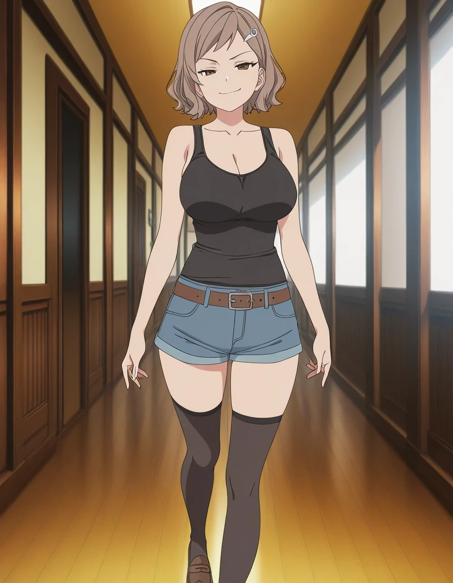 傑作、best quality、best resolution、best image quality、amazing quality、 very aesthetic、 absurdres、anime coloring、anime screencap、anime screenshot、1girl、<lora:kara-minami-s1-illustriousxl-lora-nochekaiser:1>、kara minami、solo、brown hair、short hair、brown eyes、hair ornament、hairclip、mature lady、collarbone、large breasts、cleavage、large boobs、bare shoulders、bare arms、bare legs、black tank top、denim shorts、belt、skin tight tank top、black thigh high socks、brown loafers、naughty smile、lewd smile、full body、smug、boyish、gal、Buildings、architecture、man made、urban、interior、female focus、looking at viewer、cowboy shot、