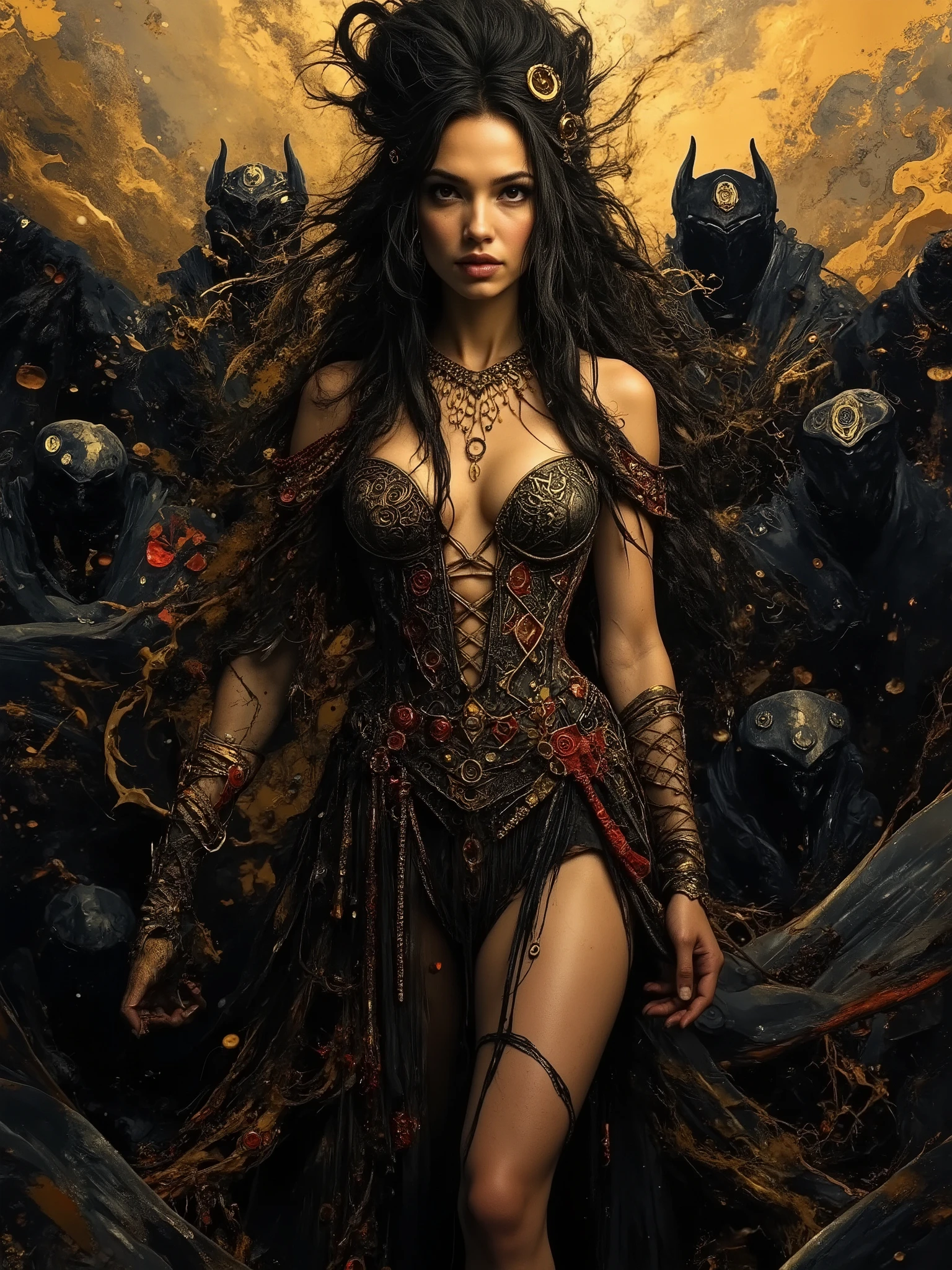 a beautiful pirate queen, round lovely face with dimples broad smile of wickedness, large round black eyes, on pirate ship, brown hair, mixed half caucasian half black heritage, the queen's pirate dress with hints of red accessories, intricate ship design, black and gold color, majestic, complex texture dress, sexy, medium perky breasts, toned light brown skin, sweaty, she is surrounding by dozen of black guards, black armor, cinematic composition, big ocean waves, dark dramatic sky, dramatic lighting, high contrast, very expressive and abstract stormy sea in background