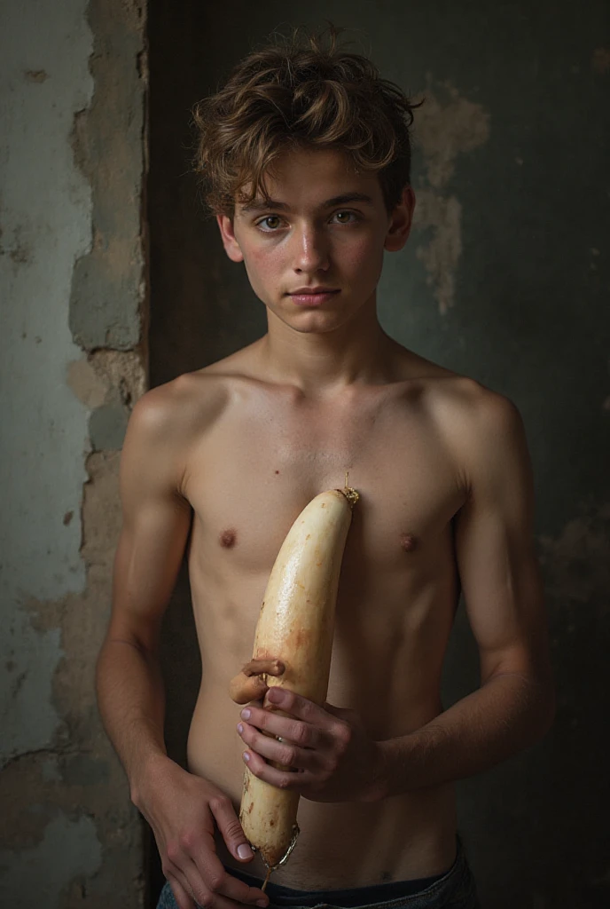 Cinematic still frame, medium shot, close-up, dynamic posture,  hyperdetailed photography of an slender (shirtless:1.0) 18yo pale irish teen thin, holding a corn cob in his hand, detailed eyes, gentle smile, wearing a ripped jeans shorts, in a densely overgrown corn field with tall corn plants at sunset, backlit, (mystic tattoos:1.2), shaggy ginger hairs, cinematography, RAW, hyper detailed photorealistic life-like accurate proportional sharp focus, (accurate cinematic lighting), photorealistic detail, (selective focus:0.6)