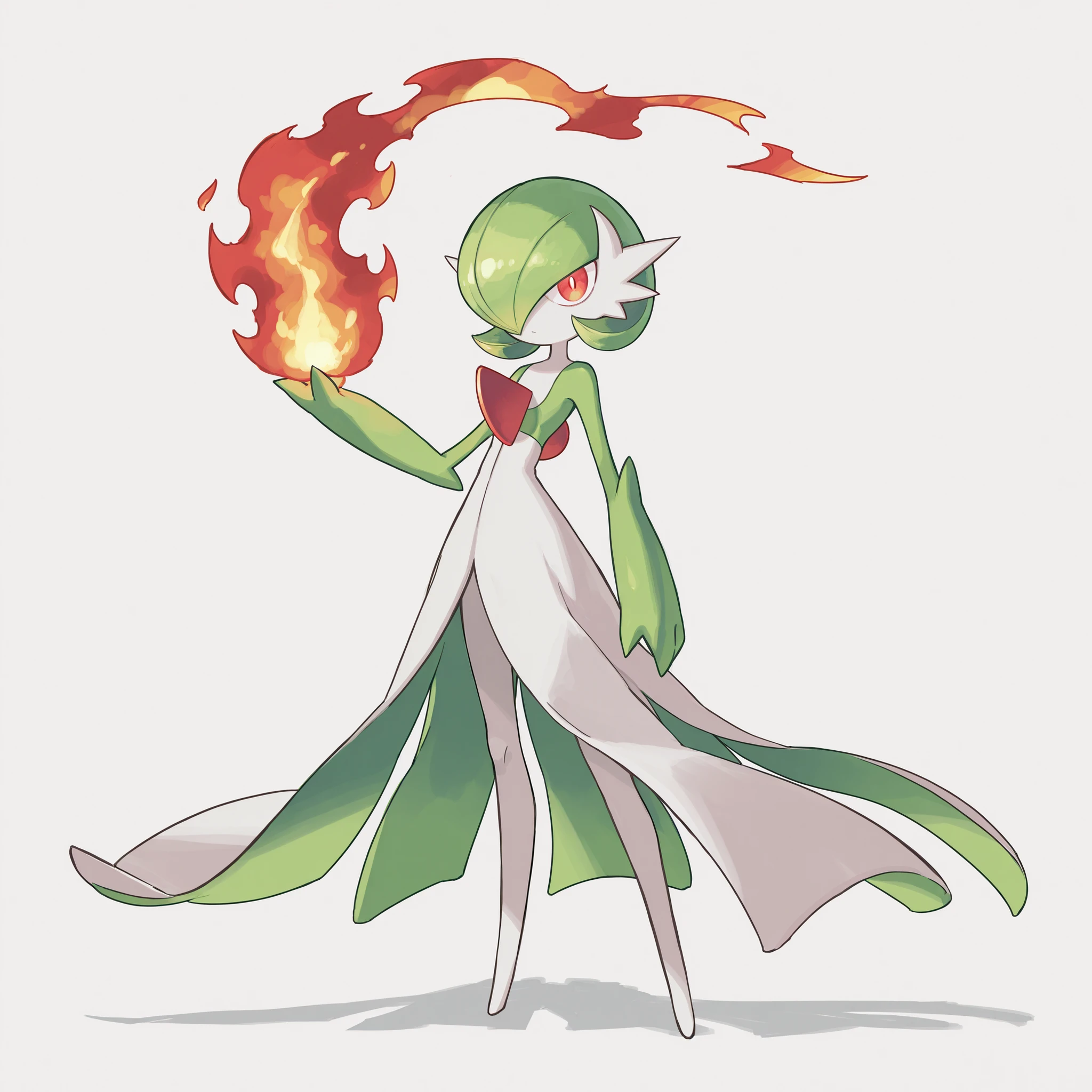 masterpiece, ultra-HD, impressionism, high detail, best quality, very aesthetic, 8K, best quality, beautiful, ultra-high resolution, 32K UHD, sharp focus, 1woman, solo, Gardevoir, pokemon (creature), green hair, short hair, red eyes, white skin, white dress, green sleeves, slim, serious, cute, raised hand, holding flames, magic, glowing eyes, aura, standing, full body, looking at viewer, simple background, front view