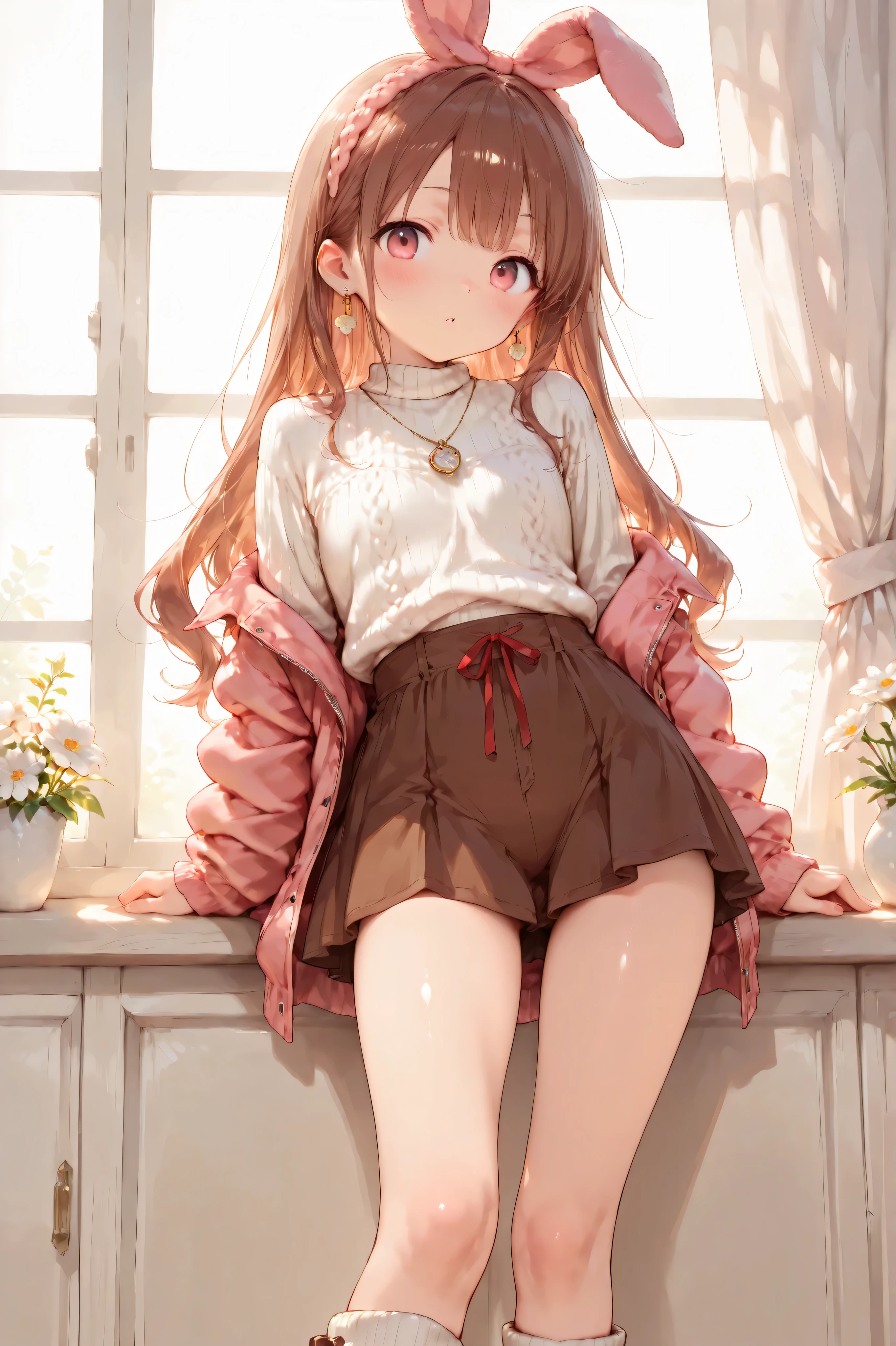 Shiny skin, Babe, character, meroko.
masterpiece, best quality, a cute anime girl.
# body
very flat chest, skinny figure, slim waist, beautiful legs, long legs.
# hair
chestnut brown wavy long hair reaching shoulder blades, hair down, natural loose waves.
# eyes
pink eyes.
# outfit
ivory short down jacket, white ribbed knit sweater, brown flared mini skirt, dusty pink muffler, white knit tights, fur-trimmed short boots, pink bunny ear headband, single white flower and red ribbon on right side, round pendant necklace, long drop earrings.
# pose
standing, relaxed posture, slight contrapposto, both legs aligned naturally, shoulders relaxed, head slightly tilted.
# background
soft winter town street, gentle daylight, calm atmosphere.
upper body only, face close up.
# composition
fine line art, delicate line drawing, thin outlines, clean outlines, minimal noise.
