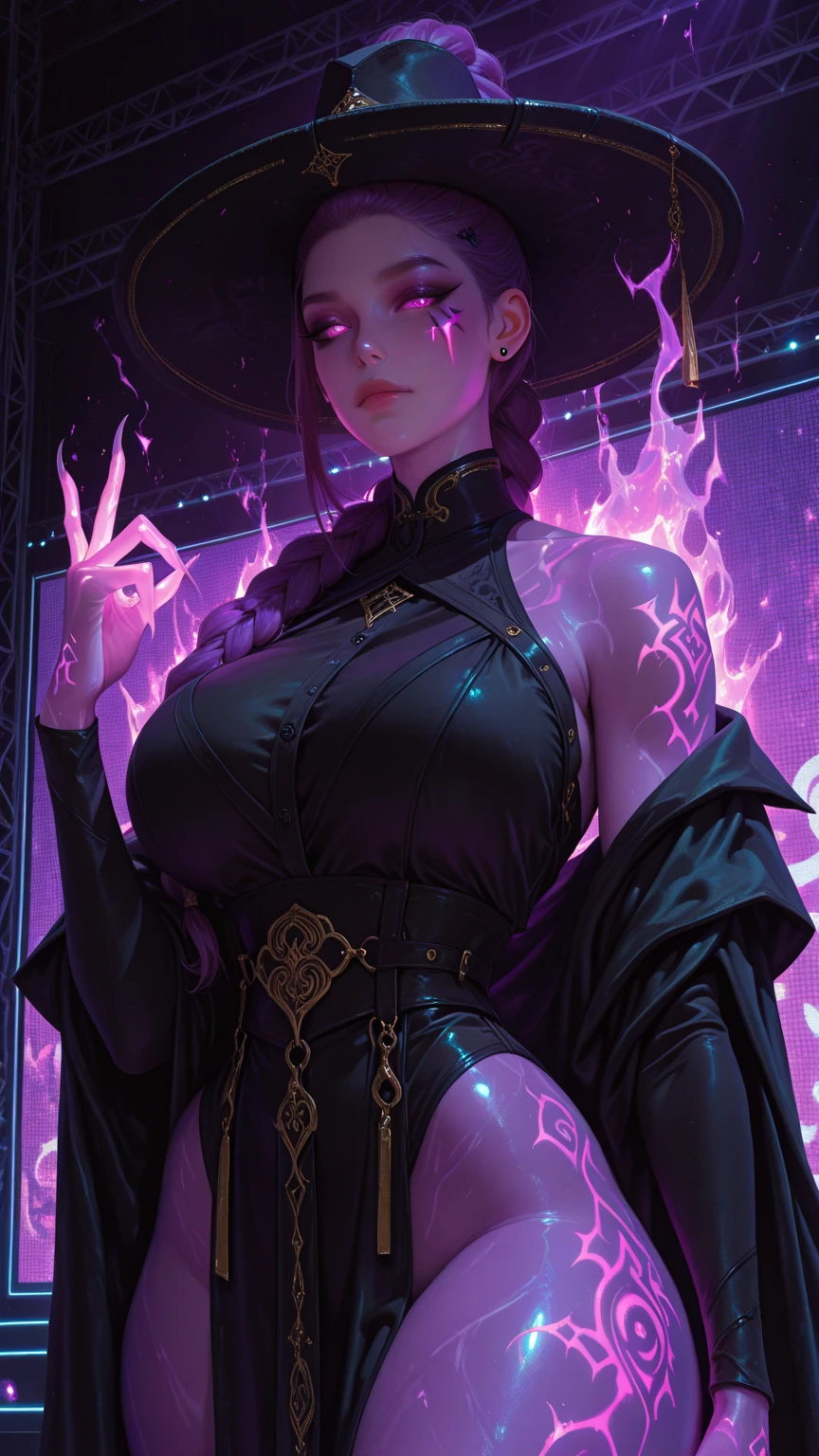 mulher madura negra, 35 anos, pele negra, standingn, long black hair with braids,usando vestido rico em detalhes magicos, casting a spell, good ambient lighting, escola de magia, acompanhada por um gato siames, Ambiente externo, vestido brilhante, brown skin, Combat Position, energia magica ao redor,  brilhos, luzes, gato fantasma. Casting illusory magic.