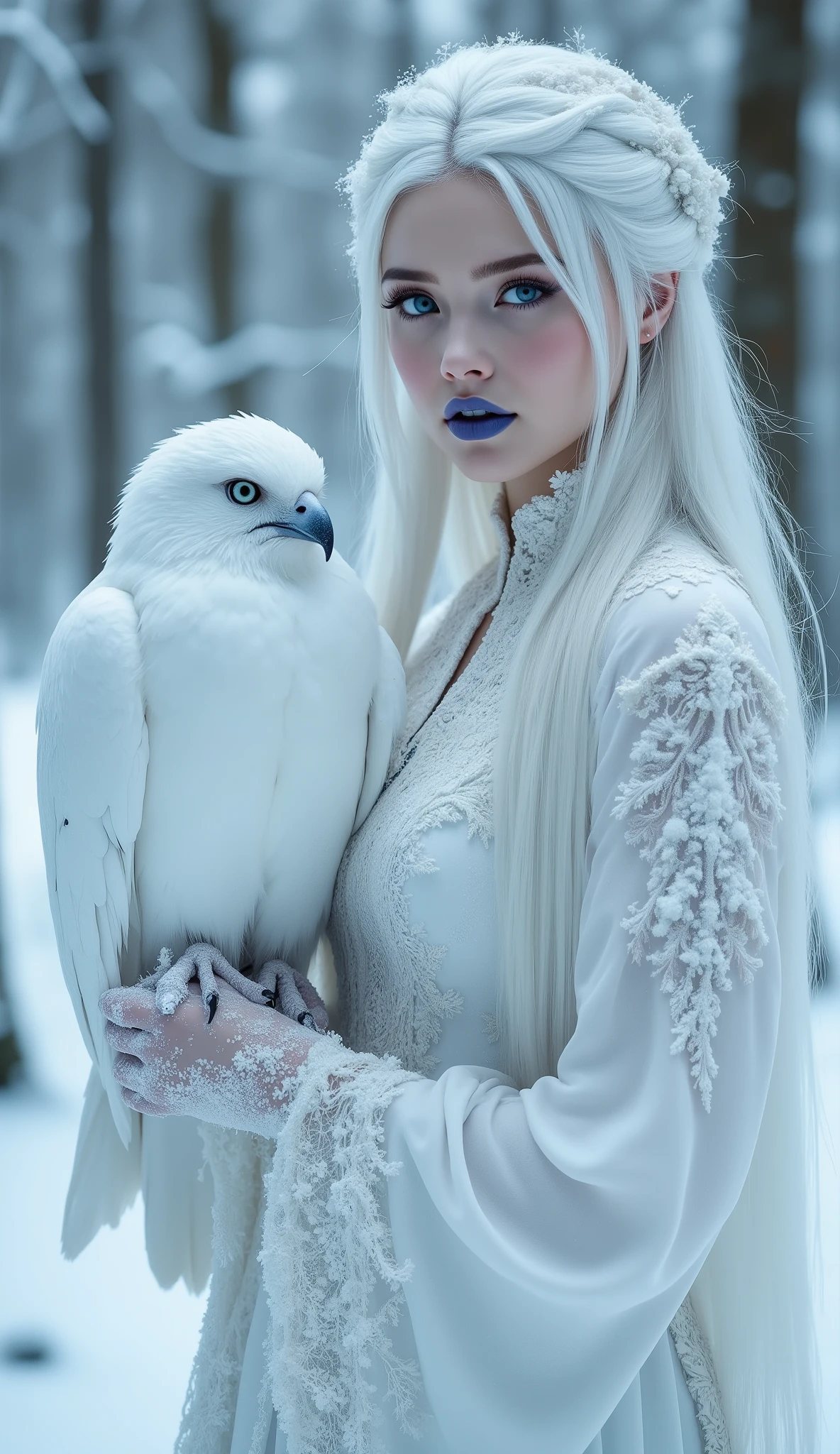 A high-class, the best, European-looking, snow-white woman, in a snow-white traditional costume of the Snow Maiden, among the forest and snow, frost, frost on the rice barns, blue lipstick on her lips, blue pupils, long straight hair, frost on the rice barns, a large snow-white raven sits on her hand.