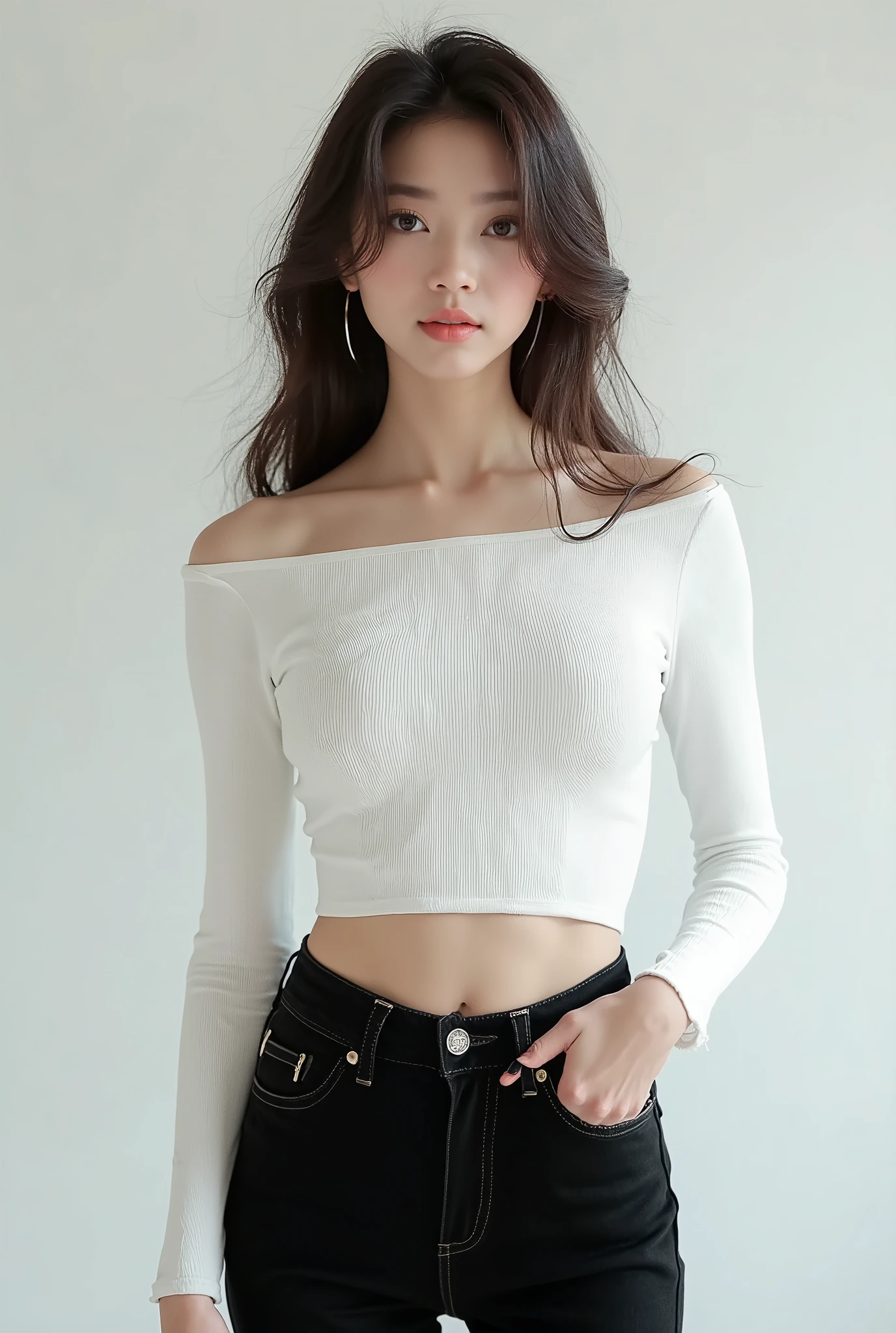 a beautiful woman 21 years old, fully body, greeneyes, long wavy black hair. white blouse with  shoulders, with a skirt below the knees,sculptural body , best qualityer, extremetly detailed 8k wallpaper, soft lighting, high quality , film grain , fujifilm xt3 must focus, f 5.6, High Detail, Sharp focus,(natural light), (closeup:1.2), off shoulders T-shirt, Realistic