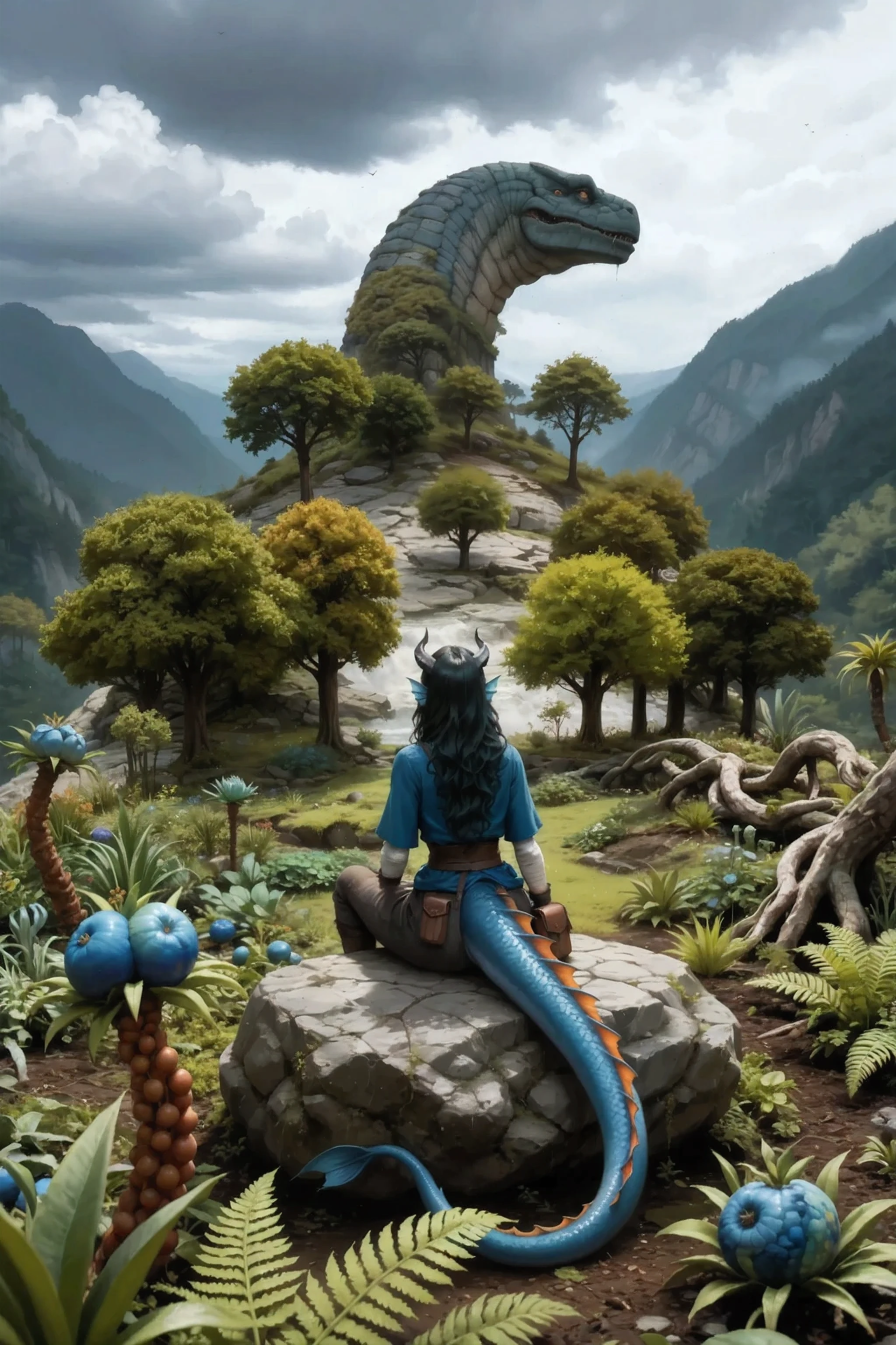 In the foreground,: Kedra, dark blue-gray skin , (Vertical view from above), (a slight insidious smile), (pigmentation of the shoulder:1.3), fins on her head, dark blue-gray horns, Loose black hair, bright blue eyes , hand bandages, ( Best hands ). (5 dark blue-gray fingers), unusual forest in the background.
masterpiece, the best quality, ultra-detailed, Cinematic emotional static frame, 8K UHD, extremely detailed, physical visualization, HDR. The gloomy atmosphere of the gloomy sky, darkrain,
you can see your back, back view. keep her skin color. keep her appearance unchanged. A huge beautiful sprawling garden filled with unusual alien plants with elongated fruits and bluish fern leaves and lumpy brown stems and incredible intertwining trees. sits with your back on a rock And all this is located on the back of a huge ancient creature walking across a mountain pass. You can see the edges of the creature's back, in the distance, you can see its giant head, and we are on the back of a creature. above, a beautiful sky with clouds is gloomy. Show the creature to a very ancient wide, head turns slightly back on an ancient thick neck, you can see a huge ancient view. everything is covered with petrification and moss on the creature's massive skin. The garden itself at the edges has trees growing on the edge, spreading vines slightly hanging from the creature's body.