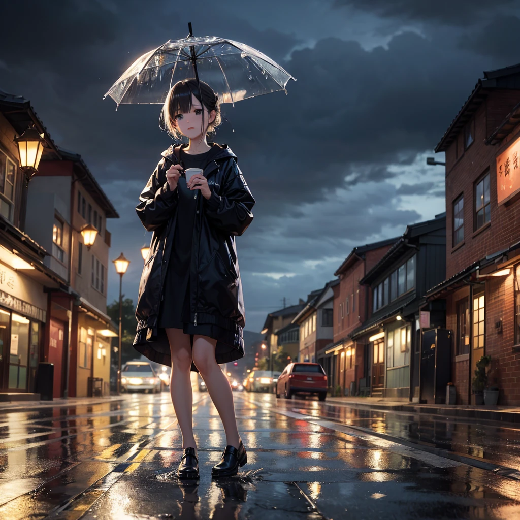 best quality, masterpiece, ultra high res,(photo realistic:1.4), full body,
"A girl is walking with an umbrella on a rainy day.",
"It was raining heavily and the roads were full of puddles.",
"The girl is wearing her boots and she is happily walking over the puddles."
BREAK,
1girl, solo, rain, rainy, midnight, city lights, reflection, depth of field, sidewalk