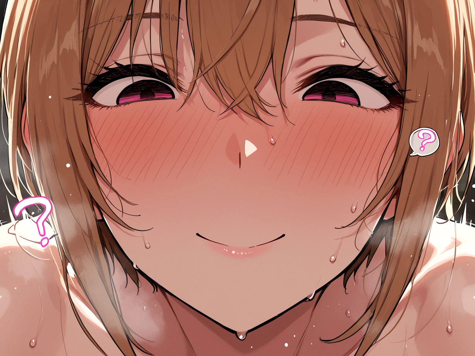 slender, mature female,1girl, closed_eyes, blush, ????, heart, solo, eyebrows_visible_through_hair, open_mouth, :d, bangs, smile, collarbone, long_hair, facing_viewer, hair_between_eyes, brown_background, rating:questionable, speech_bubble, brown_hair, ^_^, rating:safe, spoken_heart, light_brown_hair, head_tilt, ???????, nose_blush, gradient_background, gradient, indoors, out-of-frame_censoring, implied_???, upper_body, blurry
