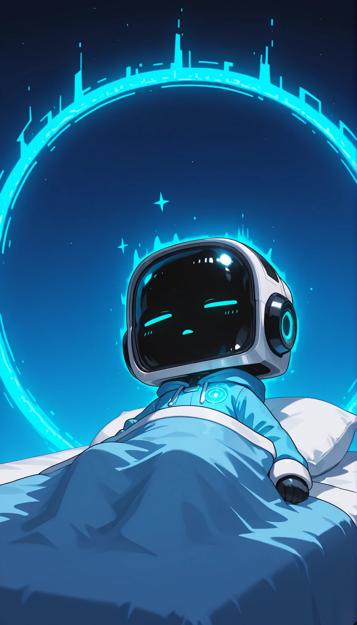 [3D+Realistic] [Model-Test*] - masterpiece, realistic_DTRM chibi_robot, slight realistic metallic, realistic_smooth, 3d, cute, bedroom, solo, chibi style, 1boy, normal_face, glowing circle eyes, blue screen lights, glitch_face distortion, hooded, 
sleeping or dreaming quietly, soft blue aura,
floating in space.
moody calm atmosphere, gentle lighting, simple background, no text.
