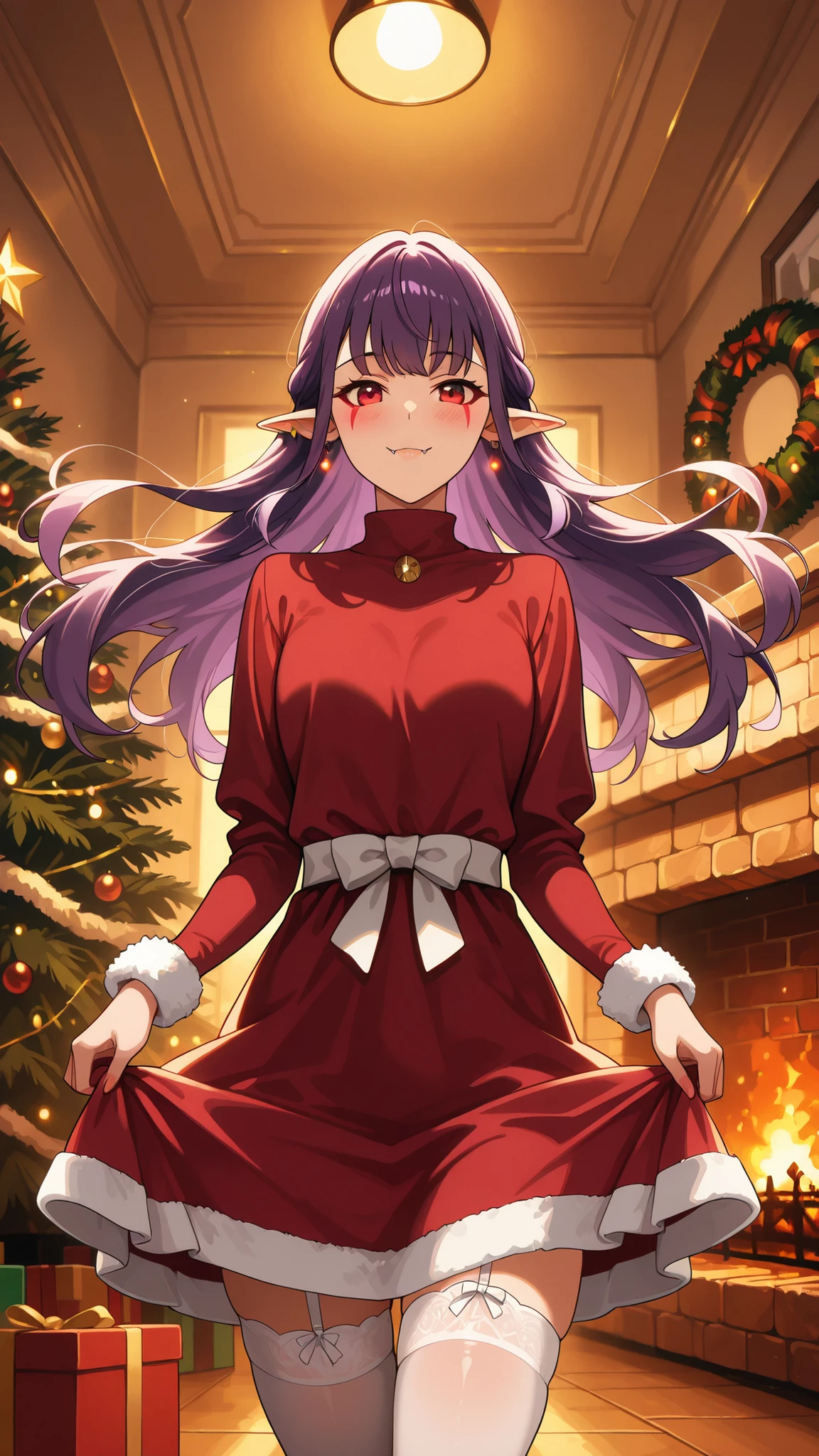 BREAK (masterpiece:1.2),highly detailed realistic anime background, warm living room with Christmas tree,cinematic perspective, deep contrast and vibrant highlights, AMOLED lighting style, SDXL realism, ultra high quality, no people,
soft lights,
presents under tree,
fireplace glowing,
holiday decorations,
cozy intimate festive vibe, Esil Radiru, pointed ears, earrings, purple hair, red eyes, fangs, facial mark, fangs out,female anime outfit,
female anime outfit,
short red dress with white fur hem,
thigh-high winter stockings, white stockings,
white ribbon belt,
fuzzy wrist cuffs,
soft warm reflections from fireplace,warm holiday glow highlighting soft textures,
,looking at viewer,cowboy shot,blush,smile,seductive pose,floating hair,floating dress,