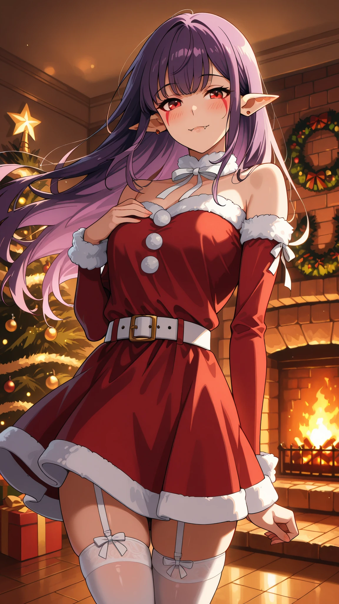 BREAK (masterpiece:1.2),highly detailed realistic anime background, warm living room with Christmas tree,cinematic perspective, deep contrast and vibrant highlights, AMOLED lighting style, SDXL realism, ultra high quality, no people,
soft lights,  
presents under tree,  
fireplace glowing,  
holiday decorations,  
cozy intimate festive vibe, Esil Radiru, pointed ears, earrings, purple hair, red eyes, fangs, facial mark, fangs out,female anime outfit,  
female anime outfit,  
short red dress with white fur hem,  
thigh-high winter stockings, white stockings, 
white ribbon belt,  
fuzzy wrist cuffs,  
soft warm reflections from fireplace,warm holiday glow highlighting soft textures,
,looking at viewer,cowboy shot,blush,smile,seductive pose,floating hair,floating dress,