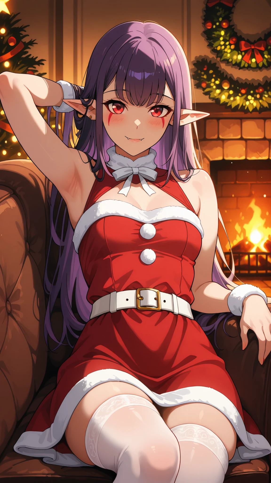 BREAK (masterpiece:1.2),highly detailed realistic anime background, warm living room with Christmas tree,cinematic perspective, deep contrast and vibrant highlights, AMOLED lighting style, SDXL realism, ultra high quality, no people,
soft lights,  
presents under tree,  
fireplace glowing,  
holiday decorations,  
cozy intimate festive vibe, Esil Radiru, pointed ears, earrings, purple hair, red eyes, fangs, facial mark, fangs out,female anime outfit,  
female anime outfit,  
short red dress with white fur hem,  
thigh-high winter stockings, white stockings, 
white ribbon belt,  
fuzzy wrist cuffs,  
soft warm reflections from fireplace,warm holiday glow highlighting soft textures,
,looking at viewer,cowboy shot,blush,smile,seductive pose,reclining on a sofa, one arm behind head, relaxed and alluring body posture, subtle sensuality, warm ambient light, soft textures, delicate highlights on skin, dreamy atmosphere, high detail, 4k