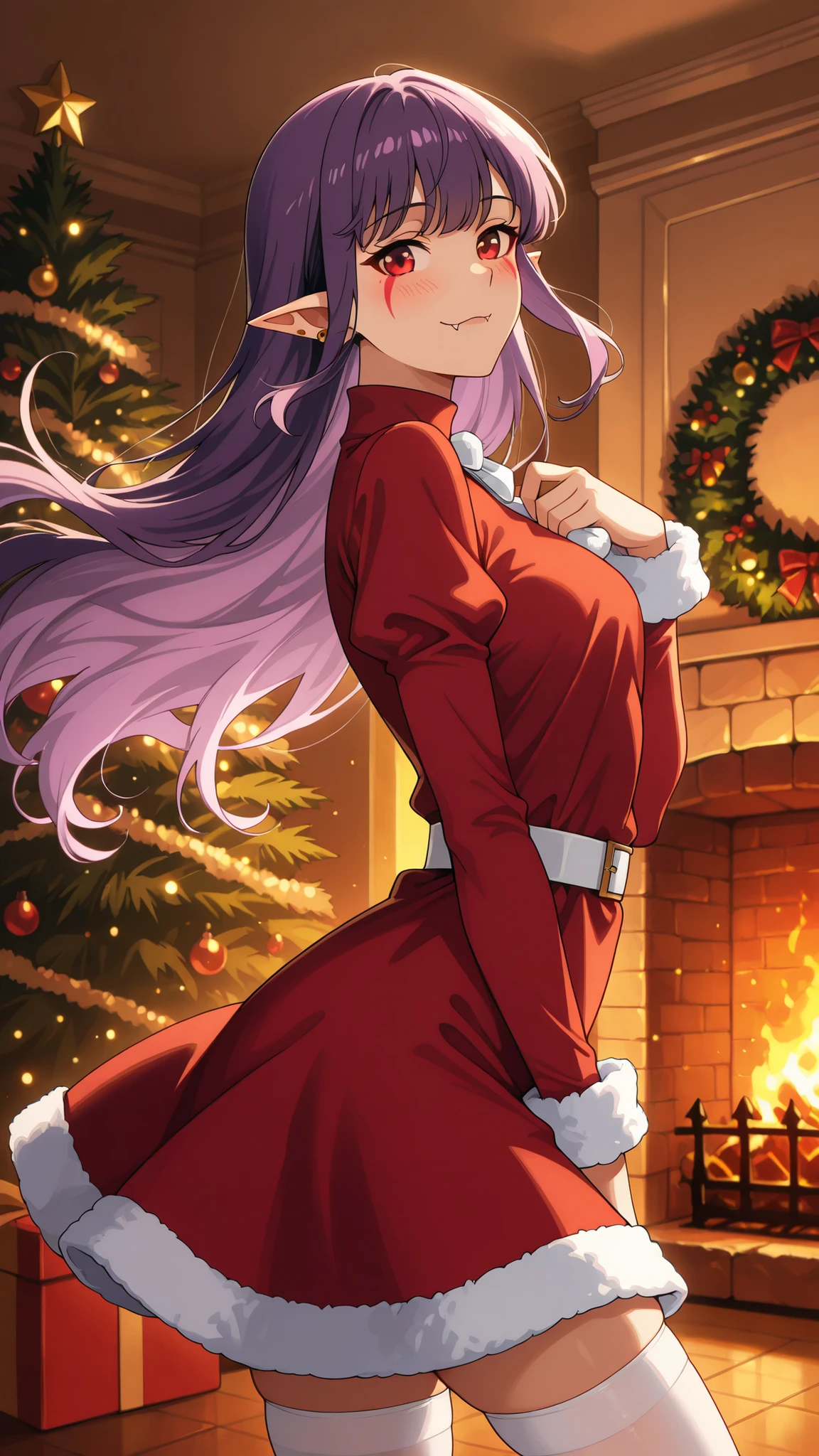 BREAK (masterpiece:1.2),highly detailed realistic anime background, warm living room with Christmas tree,cinematic perspective, deep contrast and vibrant highlights, AMOLED lighting style, SDXL realism, ultra high quality, no people,
soft lights,  
presents under tree,  
fireplace glowing,  
holiday decorations,  
cozy intimate festive vibe, Esil Radiru, pointed ears, earrings, purple hair, red eyes, fangs, facial mark, fangs out,female anime outfit,  
female anime outfit,  
short red dress with white fur hem,  
thigh-high winter stockings, white stockings, 
white ribbon belt,  
fuzzy wrist cuffs,  
soft warm reflections from fireplace,warm holiday glow highlighting soft textures,
,looking at viewer,cowboy shot,blush,smile,seductive pose,floating hair,floating dress,arched back,side shot