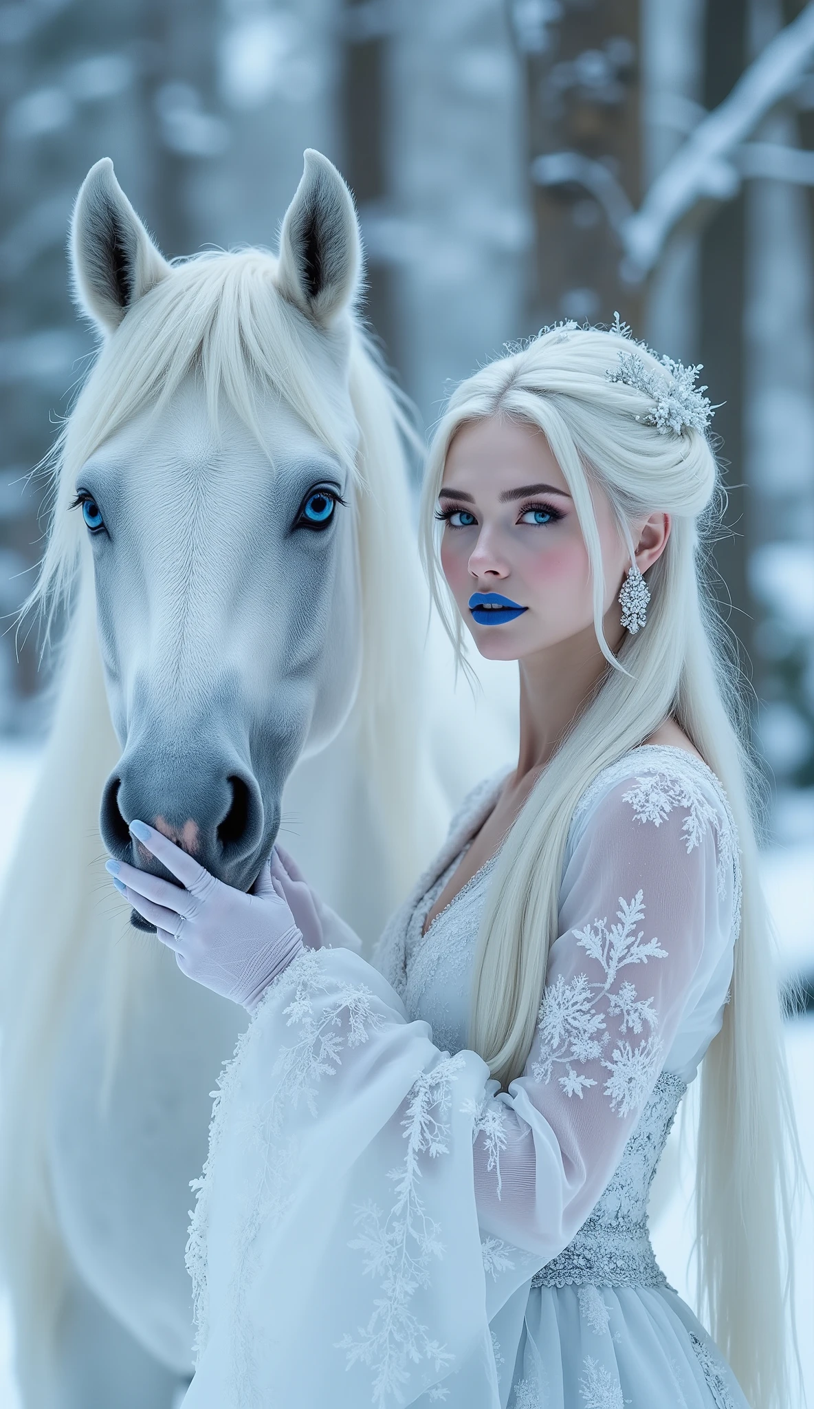 A high-class, sophisticated, European-looking, snow-white woman in a snow-white traditional Snow Maiden costume, among the forest and snow, with frost on the rice barns, blue lipstick on her lips, blue pupils, long straight hair, frost on her eyes, strokes the muzzle of a beautiful snow-white horse with blue eyes.