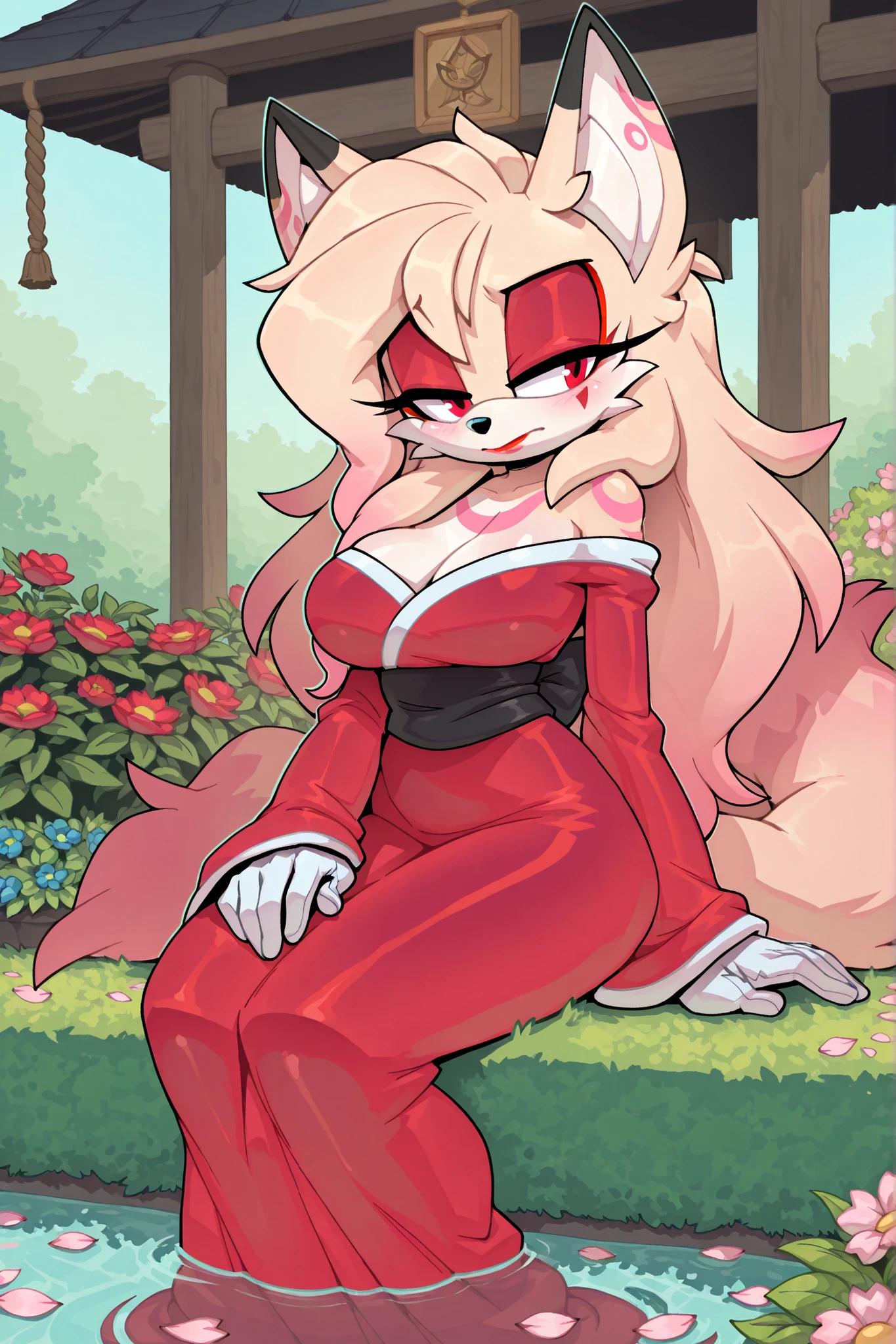 ((evnstnly)), source_furry, ((Sonic OC)), high quality photos, Ochen by illustraciya high quality photos, ultra detailed illustration, Anthropomorphic Fluffy Fox:1,9, beautiful, light blush, delgado, the ideal body, Artifyber style, pastel flat colors, kimono, (shrine maiden-like dress, black sash belt, long sleeves, large sleeves, long skirt, pantalones, frac, flower garden environment, Sakura petals in the air, outdoors, small stream of water, milf, (Makeup), (((Long hair))), reddish hair, pinkish beige hair, gradient hair, (large breasts), young woman, Demi-goddess, ((side view)), ((1girl)), ((solo)), mobian, ((small mouth)), closed mouth, hourglass figure, MILF figure, Female, Mobian Kitsune, Kitsune, (((pinkish beige fur))), (white muzzle), (fuzzy muzzle), VERY long hair, red eyes, red makeup, bored expression, uninterested, hands on lap, hair bangs, hair over shoulders, 1girl, (fluffy ears), black tipped ears, large pointed ears, (fox tails), bigdad/character, (Mobian), light red markings on face, red dress, Demi-goddess, (Demi-goddess like dress), ancient decorative patterns on dress, long dress, off shoulder dress, long sleeve, large sleeve holes, sitting, outdoors, garden, female, solo, small mouth, closed mouth, Sonic OC, (Fox), female Fox, side eyes,