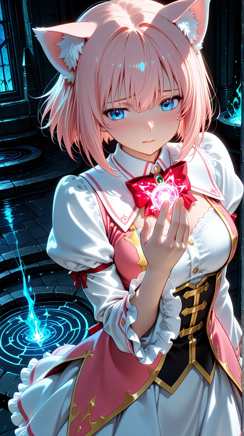 18-year-old beautiful girl, ((Masterpiece)))), (((Best quality)))), (((Very detailed))), detailed fingers, illustration, Sagged eyes, Blue eyes, Pink bob cut, Shoulders, Wide open chest, Red , Large breasts, YUI