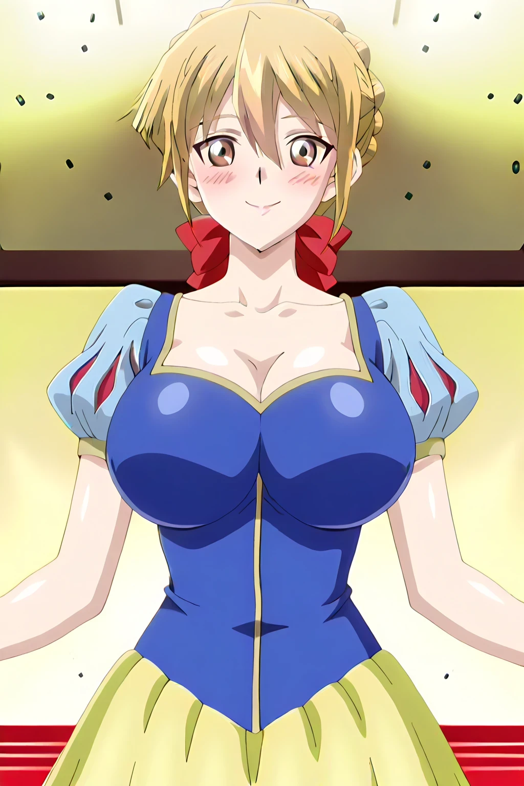 傑作、Best quality、Best resolution、Best image quality、amazing quality、 very aesthetic、 absurdres、anime coloring、anime screencap、anime screenshot、very delicate and beautiful、1girl、 <lora:Asuka_Tenjoin_Noob_Lora:1>、Asuka T、solo、(blonde hair:1.2) 、brown eyes 、hair between eyes 、hair bun 、single hair bun 、braid bun 、collarbone 、covered trapezius 、covered breasts、big breasts 、covered cleavage 、large breasts 、covered boobs、large boobs 、covered tits、large tits 、covered deltoids 、mature lady、<lora:snow-white-cosplay-illustriousxl-lora-nochekaiser:1>、snow white cosplay、snow white (disney) (cosplay)、cosplay、dress、red hair bow、puffy and slash sleeves、puffy short sleeves、puffy sleeves、red bow、light blue short sleeves、yellow skirt、navy blue dress、stage、stage set、standing、indoors、smile、blush、looking at viewer、cowboy shot、dutch angle、