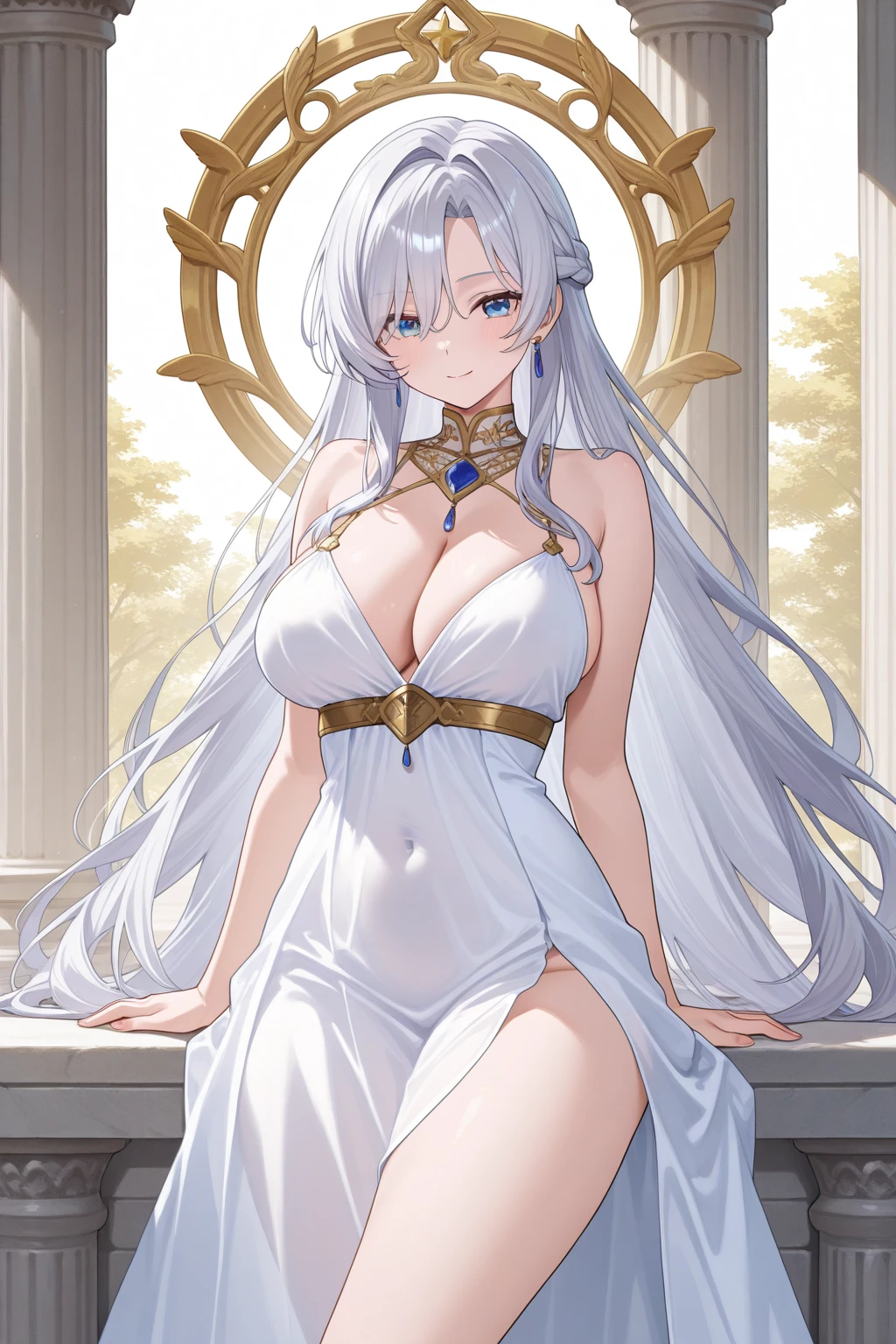A 20-year-old female angel with long, white hair, yellow eyes, white cat ears, and large white angel wings. yellow halo ring round white glasses White evening dress, full length Outfit showing side of hip, standing, looking down