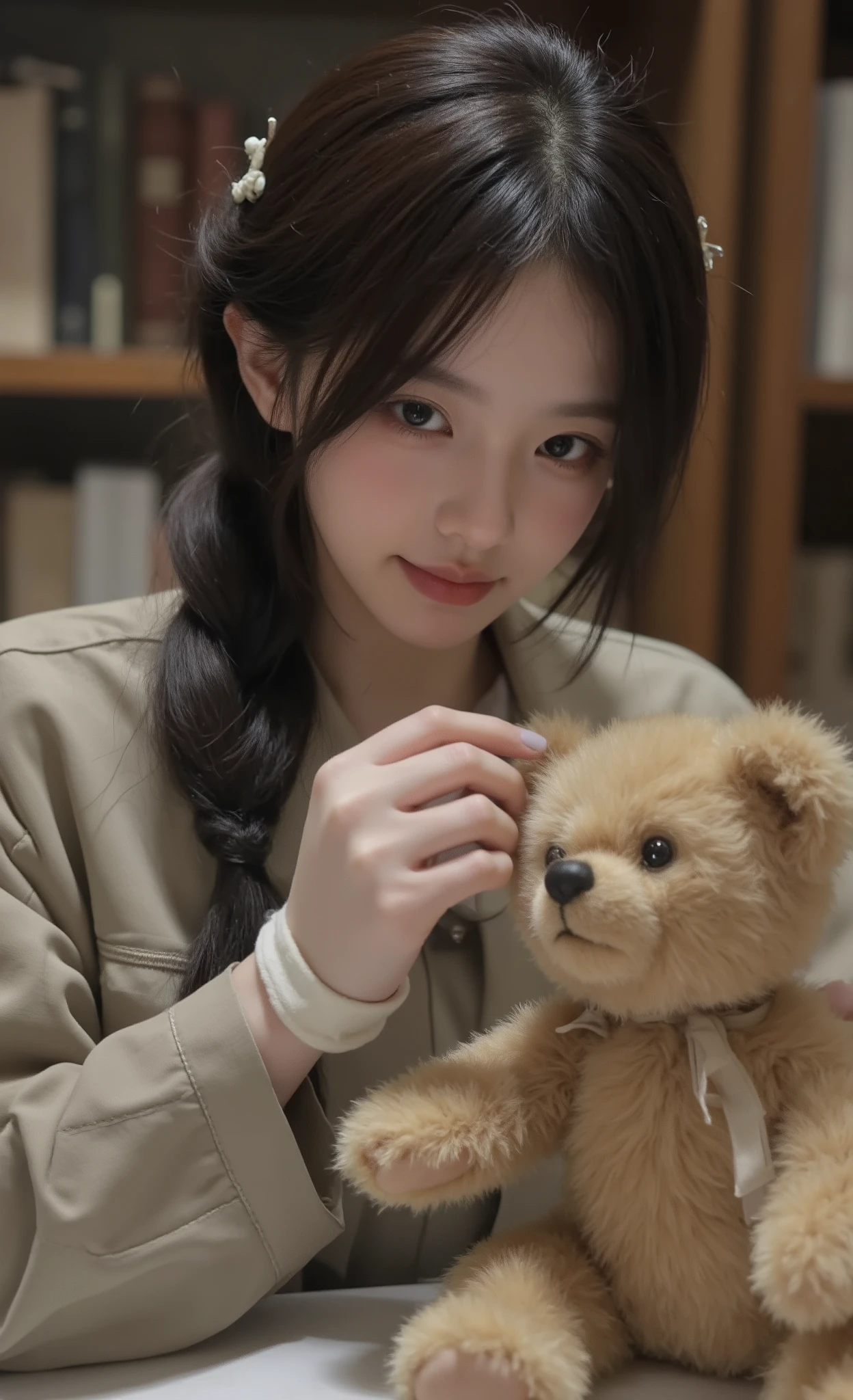 ultra highres, finely detail, photography, realistic teenage girl professional toy restorer, (detailed eyes:1.2), intelligent brown eyes analyzing damage patterns, (sharp eyes:1.1), dark hair in practical braid with vintage hair clips, serious expression with gentle touch, wearing professional conservator's coat with many pockets, cotton gloves handling fragile century-old teddy bear with missing eye, delicately cleaning original mohair fur with special conservation tools, professional restoration workshop with museum-quality equipment, reference books on antique toy identification and period-accurate materials, controlled lighting for precision work, surrounded by carefully cataloged original parts and period-appropriate replacements, "Balancing historical accuracy with emotional significance, she restores heirloom toys that carry generations of family memories, often uncovering hidden notes and mementos tucked inside by previous owners"