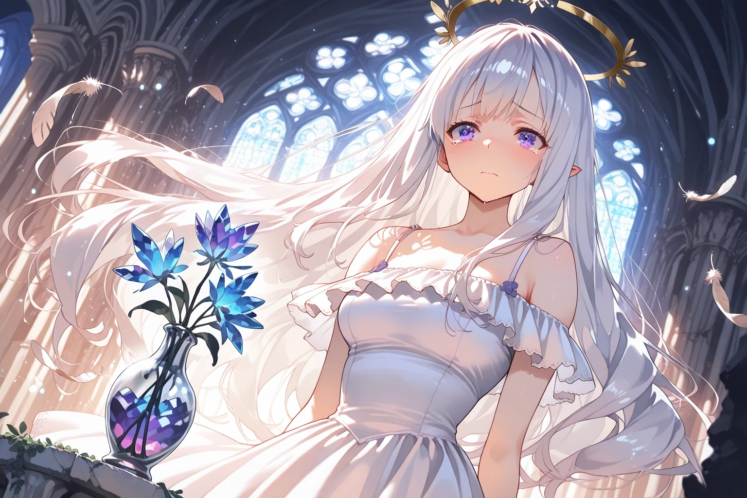 ​masterpiece、top-quality、High-quality images、hight resolution、8K、1little girl、独奏、realisitic、portlate、the detail、Detailed depiction of the eyes、Speciality、Since a while ago、announcer((Long silver hair、Emerald green eyes、Neat face、skin gloss、Lustrous hair、Pure White Silk Dress、accessorized、Slimed、Balanced proportions、royal princess、Interior of the Holy Church、Light pouring in through the window、Look straight here:1.5))、、、anastasia、You don't have to do anything、Simply、Smile peacefully、It's time to wrap up、Showered with light、The best smile、Become one with the light、