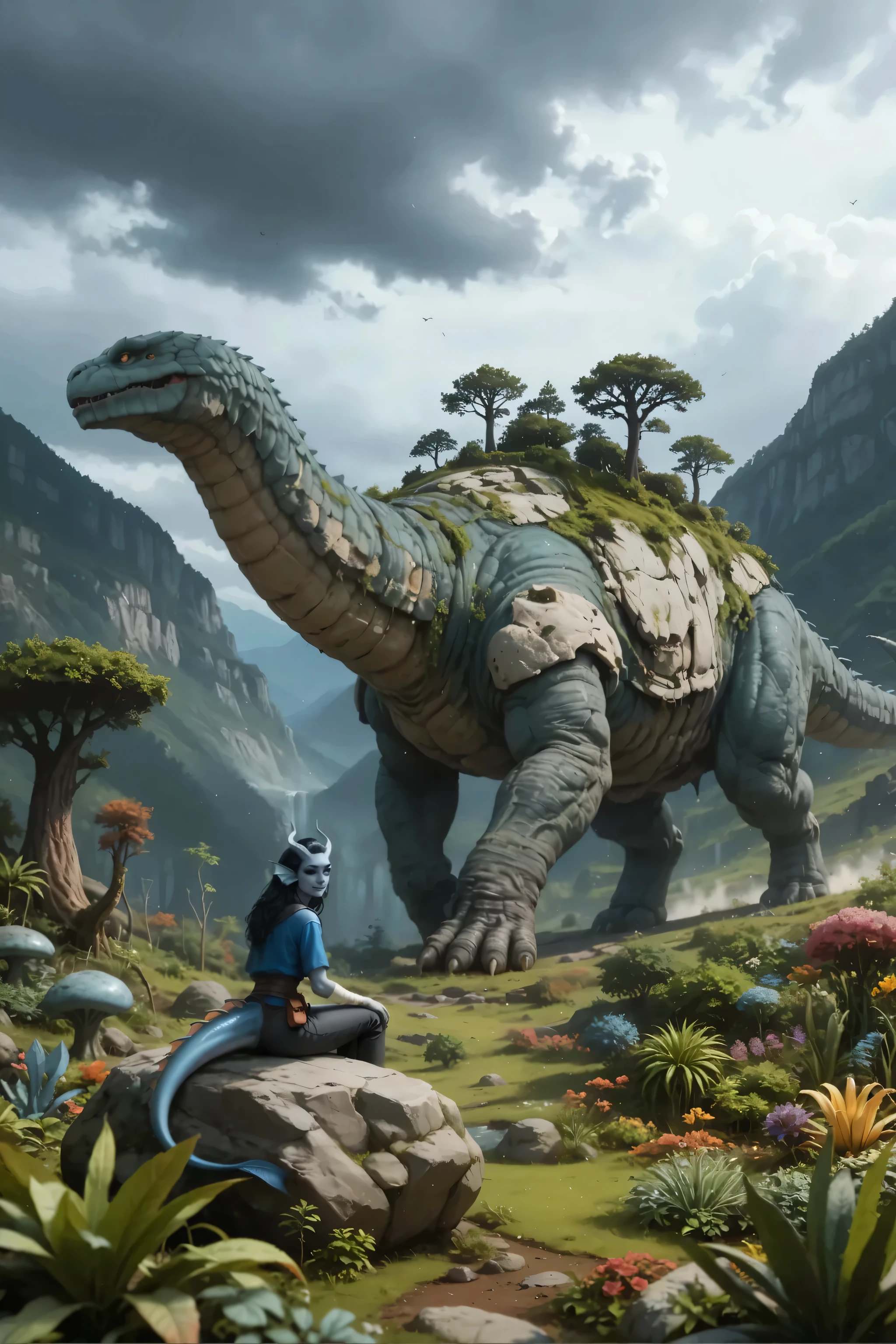 In the foreground, with his back to us on a rock on earth, turning over his shoulder, sits: Kedra, dark blue-gray skin , (Vertical view from above), (a slight insidious smile), (pigmentation of the shoulder:1.3), fins on her head, dark blue-gray horns, Loose black hair, bright blue eyes , hand bandages, ( Best hands ). (5 dark blue-gray fingers), unusual forest in the background.
masterpiece, the best quality, ultra-detailed, Cinematic emotional static frame, 8K UHD, extremely detailed, physical visualization, HDR. The gloomy atmosphere of the gloomy sky, darkrain,
In the background, there is a massive creature on whose back is a huge beautiful sprawling garden filled with unusual alien plants, with flowers and incredible trees is on the back of a huge creature. sits with your back on a rock And all this is located on the back of a huge ancient creature walking across a mountain pass. You can see the edges of the creature's back, in the distance, you can see its giant head, and we are on the back of a creature. above, a beautiful sky with clouds is gloomy. Show the creature to a very ancient wide, head turns slightly back on an ancient thick neck, you can see a huge ancient view. everything is covered with petrification and moss on the creature's massive skin. you can see the back of the creature we are on and, trees grow directly on its broad back.