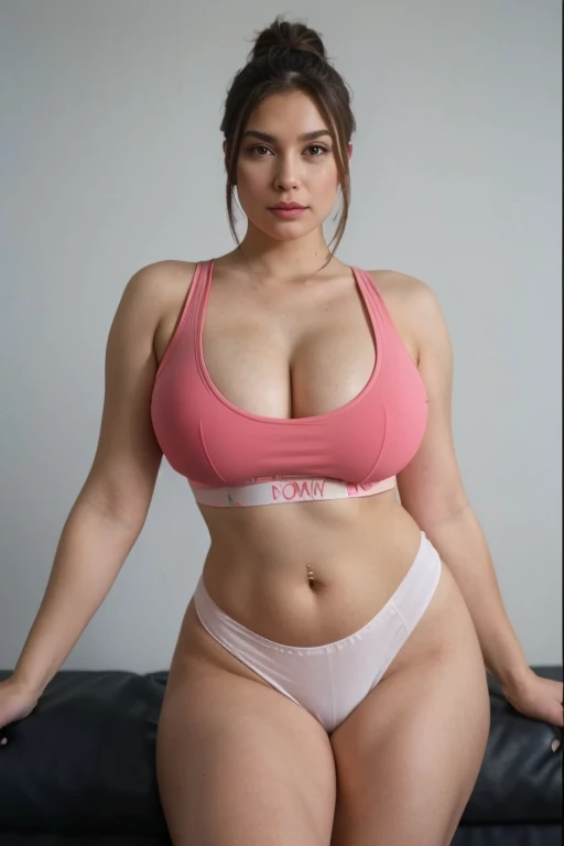 araffe woman in a pink bra top and red pants posing for a picture, gianna michaels, full length view, angela white, tight attire, tight outfit, very curvy, full body length shot, full body picture, wide , full - body shot, full-body shot, very  outfit, cory chase, red bra, covered in coral