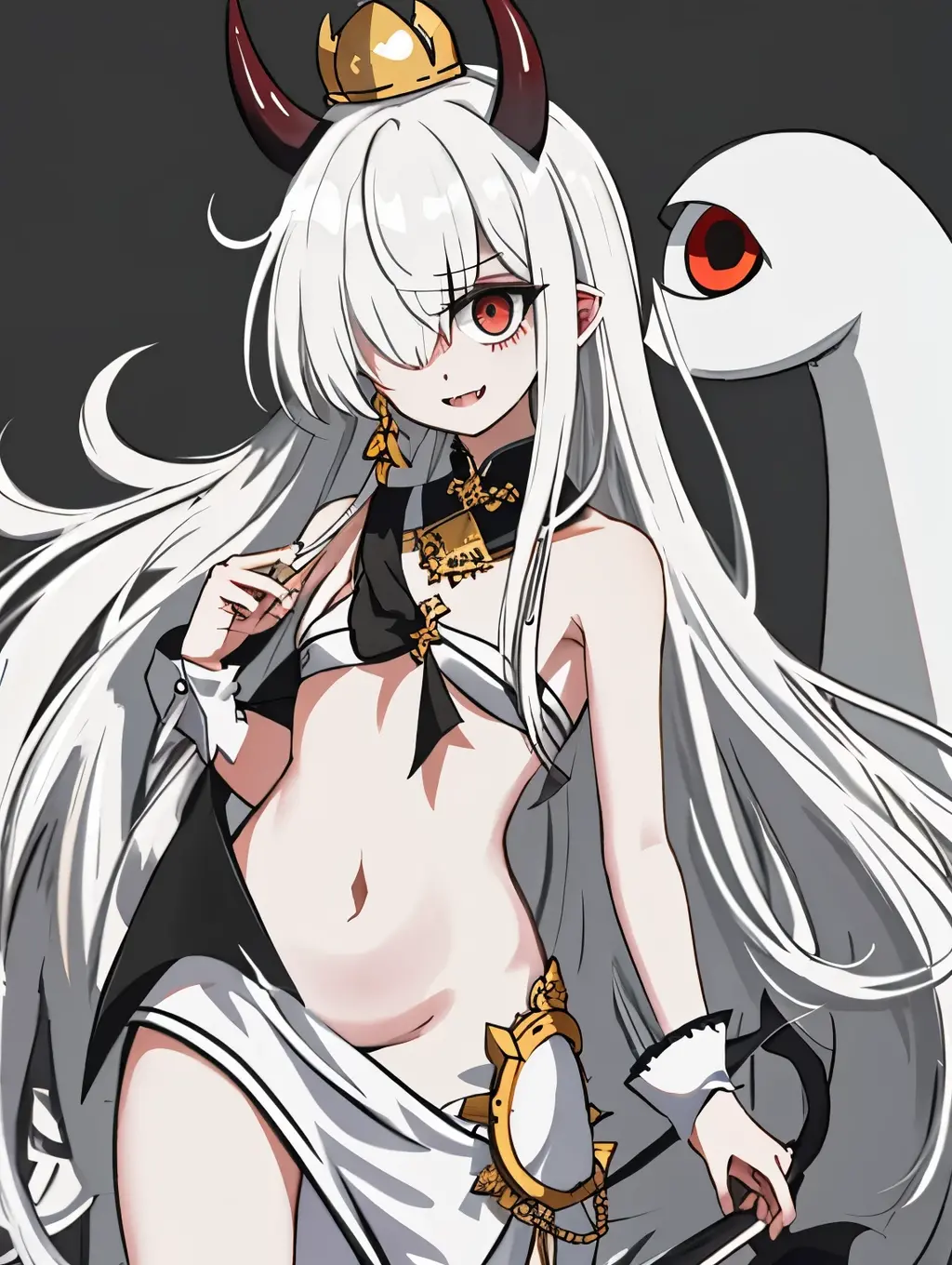 one_eyed, a demon with a huge head, slender body, a single eye, ragged and dirty tunic, elongated fingers, extremely large mouth with sharp white fangs, two small horns on the head and small wings next to them, one-eyed evil gaze , hellish deep.