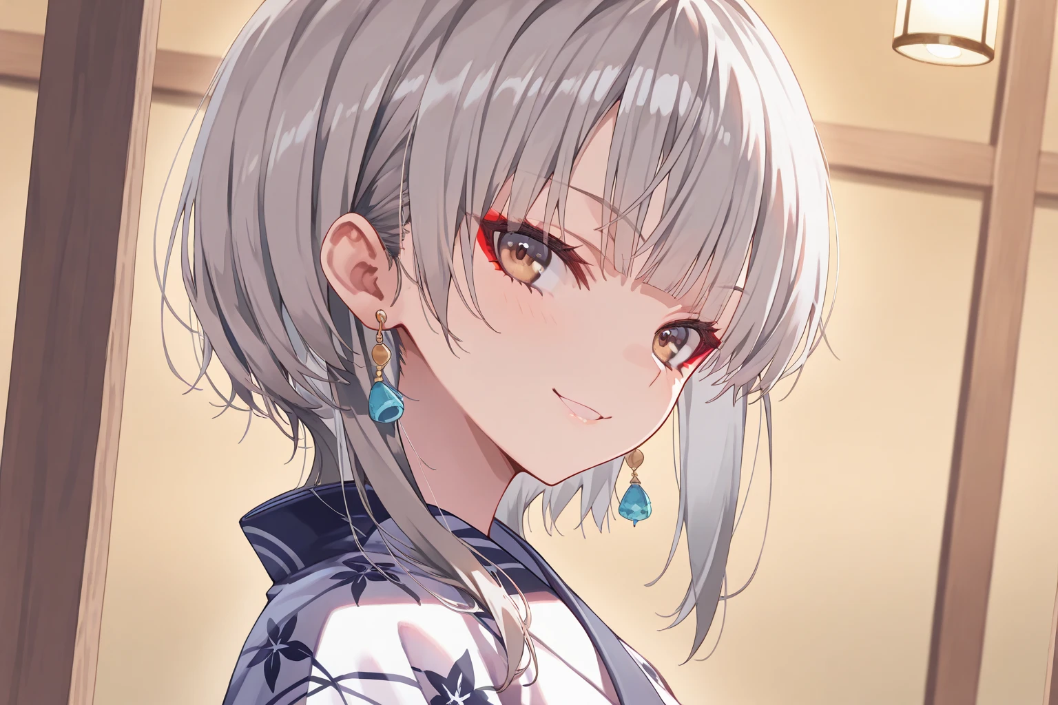 ((One personの女性)), Beautiful Face,Laughing shyly,((Wink:2.0)),Laugh with your mouth wide open((Bright red cheeks:1.4)),Glossy pink lips,night,rooftop,Festive decorations,You can see the ocean, firework,Laughing with your mouth open,Glossy pink lips,Lighting on the face,((Anime style background)),masterpiece, Highest quality, so beautiful,Latest, Complex details, (Pink long nails),(ring),(bracelet),(choker),AI-generated, Complex,High resolution, Highest quality, super high quality,3D Images、View your viewers、3D Images,One person,Long white hair,High Ponytail,(blue eyes),Anime woman posing for a photo, ((Fine grain、Silvery white colorful eyes、Shining Eyes:1.4)),(Squint your eyes:1.1),a hyperRealistic , hyperRealistic , Realistic,Anime woman with long and white hair, Smooth anime CG art, A woman in a colorful kimono with gold embroidery, (Black long sleeve kimono),Red floral pattern,Long flower hair ornament,Big earrings,Mature Body,(Big Breasts:1.1),Tall,Abdominal muscles,Narrow waist,(Zoom in on face:2.0),(Shooting from an angle:1.5),(Tilt the angle:1.3),