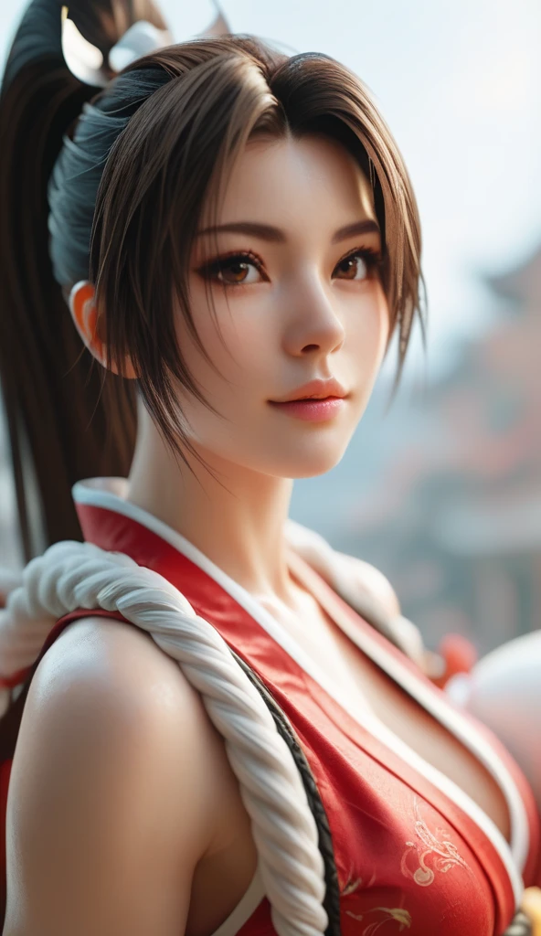 (exquisitely detailed CG unity 8k wallpaper, masterpiece-quality with stunning realism), (best illumination, best shadow), (best quality), (elegant style:1.2), Arti modern anime. angled view, heroic pose, midshot, (cel-shading style:1.3), centered image, ultra detailed closeup portrait of (Mai Shiranui:1) from (King of Fighters), best quality, expressive eyes, perfect face, highres, (ultra details), 1 girl, solo, brown hair, hair ornament, eyeshadow, gold, white and red qipao, highly ornamented, in the city of Japan, portrait, looking at the viewer, piercing eyes, full body, (light from the angle:1) (wind blowing:1.2).(depth of field effects:1.3) (motion action:1.2) (closeup:1.2) (angled closeup photography:1), (motion blur effects:1), wide angles, spreading feet, Thin to ,see-through,(((Soggy-kimono:1.2))),Lace fabric, (((water-immersed body: 0.9))), jewelry, relaxing pose, elegant hands, graceful, lady-like