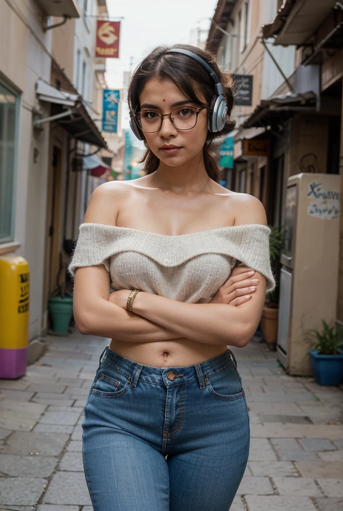 1girl, rounded glasses, big glasses, smiling, looking at the camera, short messy hair, dark-skinned, rounded eyes, cyan blue shirt, black shorts, close up, magazine shot, dynamic pose
