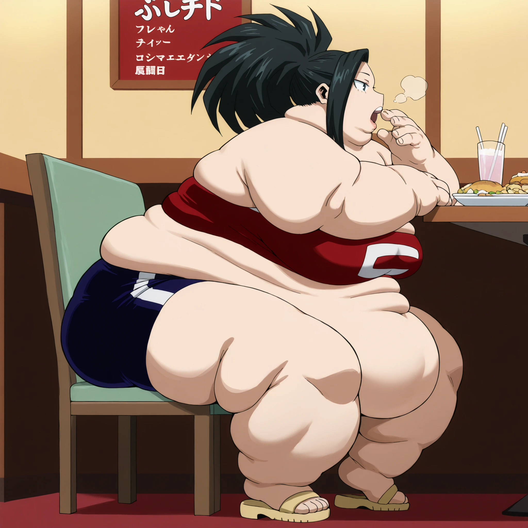 Momo Yaoyorozu from My Hero Academia ,1girl, solo, m0y4, black hair, ponytail, black eyes, tube top, midriff, bike shorts, sandals,, breasts, fat, chubby, obese, fat neck, multiple chins, big breasts open mouth, out of breath, Larger female, full body shot, only head, large head, oversized limbs, large hands, large feet, oversized feet, oversized fingers, big lips, plump lips, fat face, fupa, big fupa, fat fupa, side view , in restaurant, sitting down, buffet, eating