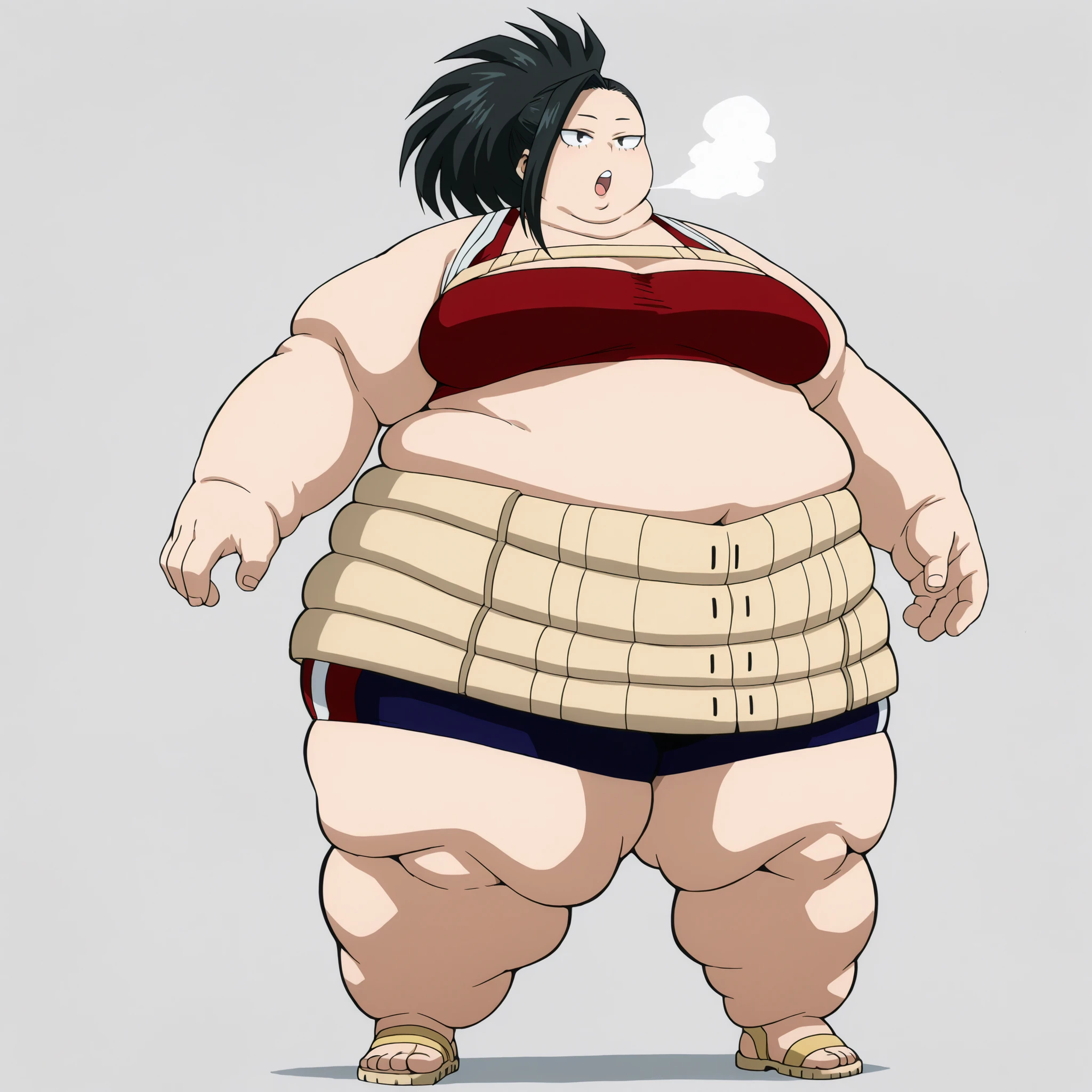 Momo Yaoyorozu from My Hero Academia ,1girl, solo, m0y4, black hair, ponytail, black eyes, tube top, midriff, bike shorts, sandals,, breasts, fat, chubby, obese, fat neck, multiple chins, big breasts open mouth, out of breath, Larger female, full body shot, only head, large head, oversized limbs, large hands, large feet, oversized feet, oversized fingers, big lips, plump lips, fat face, fupa, big fupa, fat fupa,