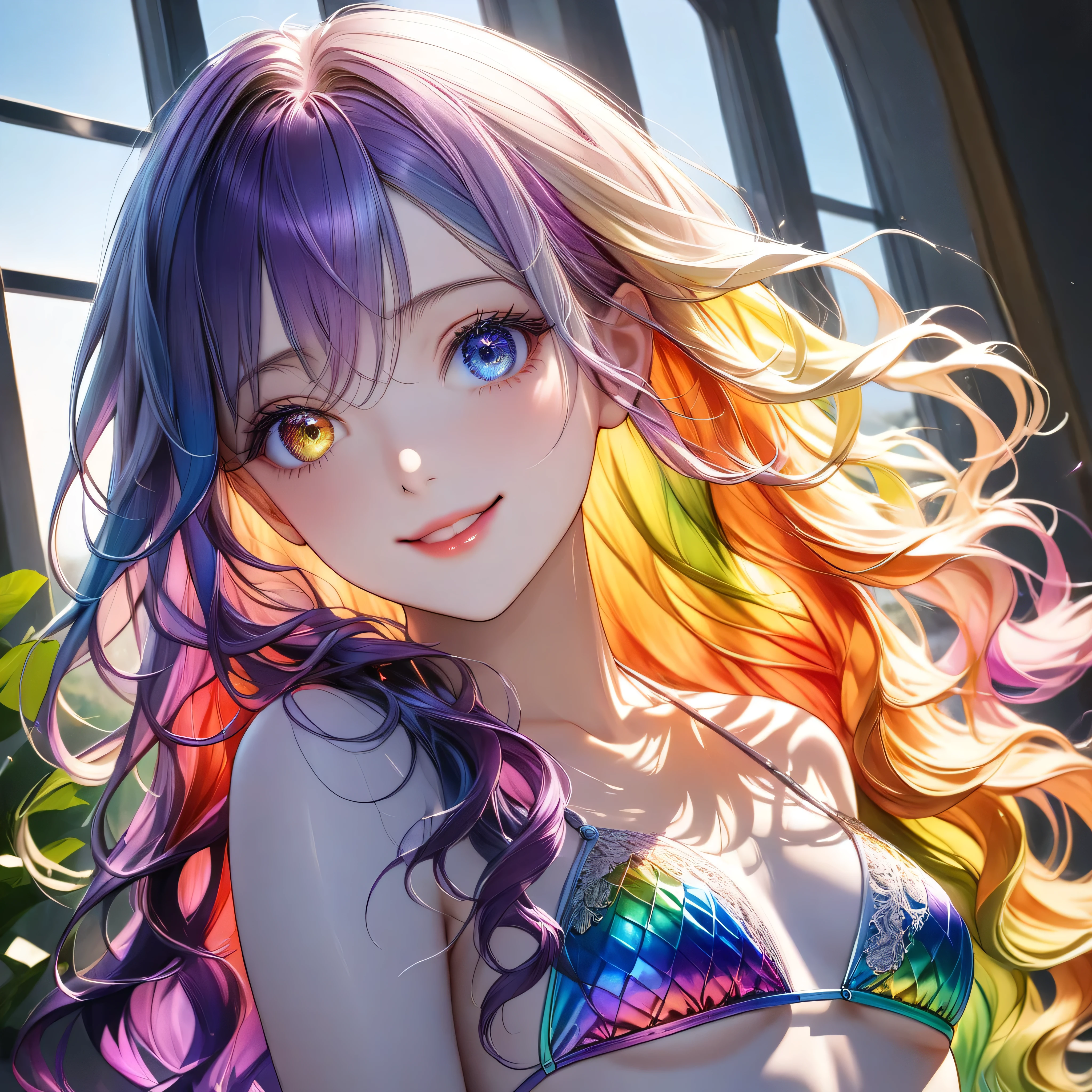 ((Top quality, ultra detailed, masterpiece, wallpaper, ultra realistic, highest photo resolution, 8K)), ((Glowing in the morning sun)), ((Long wavy hair in rainbow colors of red, blue, green, yellow, orange, indigo, and purple)), ((Heterochromia, silver and gold eyes)), (Best portrait), ((Sparkling detailed eyes)), ((Odd-eyed schoolgirl)), ((Heterochromia, silver and gold eyes)), ((Elaborately detailed eyes)), ((Crystal-like eyes)), (Highly detailed face), ((Long wavy hair in rainbow colors of red, blue, green, yellow, orange, indigo, and purple)), ((Anatomically accurate depiction)), ((Detailed down to the fingertips)), (Glossy skin, glossy lips, facial lighting), ((Translucent white skin)), (Standing posture: 1.0), (Small breasts), Slim body, (Slender thighs), (Slim waist), (Wearing a pale green silk bikini with a vibrant and delicate lace pattern), (Wearing an indigo pareo), (Rainbow-colored hair), (Bright smile), (Standing by the pool), (Sunrise rising over the horizon through a large window), (Glowing in the morning sun), (Hair blowing in the wind), (Dynamic angle, focus on face, profile), (One hand behind head), (Beautiful indoor pool scene)t