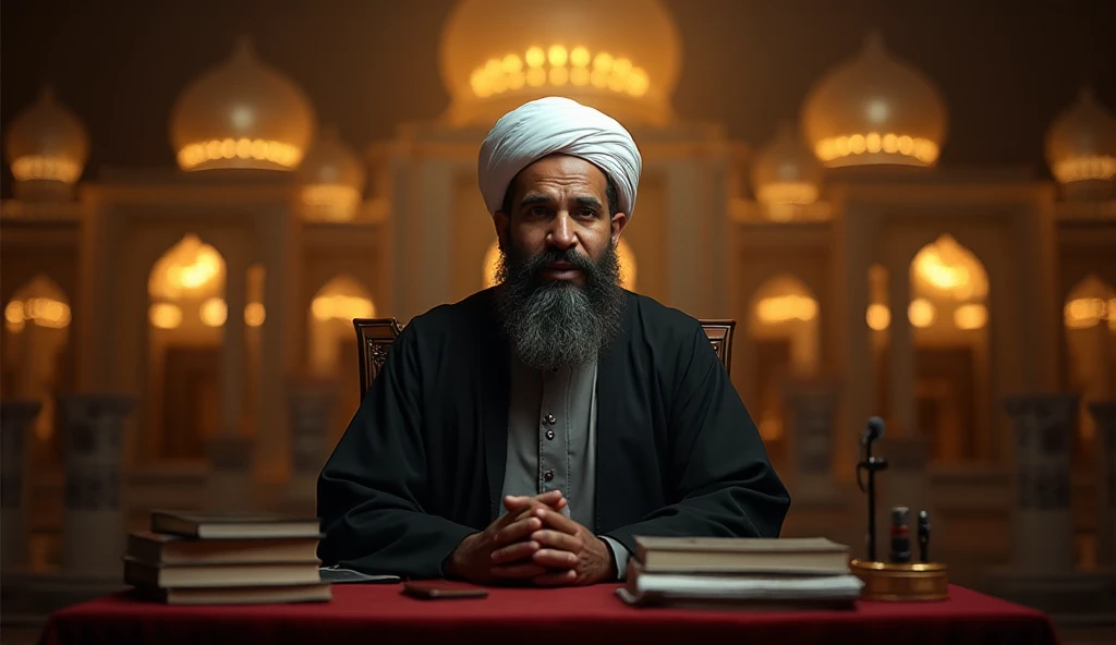 Image of Sheikh Ahmad bin Muhammad bin Nasr in a mural or large painting, surrounded by symbols of knowledge and wisdom. Underneath, there is an inscription honoring him as a great scholar who passed on the Book of Tijan.