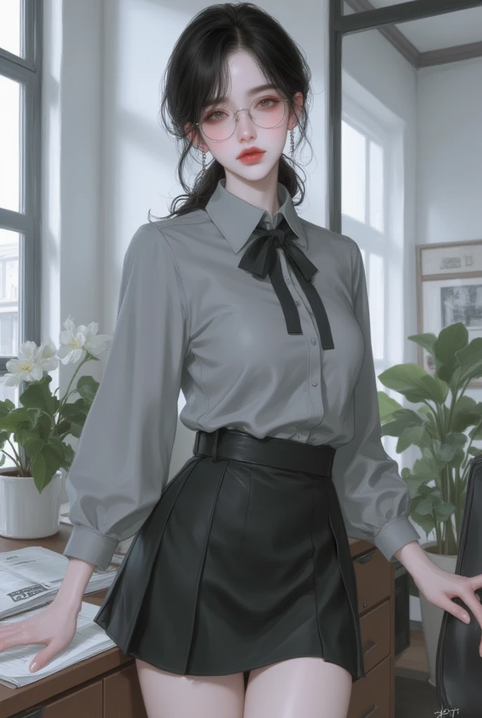 girl of defined body, alone, pistols in her hands, gray hair, locks of hair in moss green tone, short hair, ((social blouse of black and gray color, black and long gray pants)), social shoes of black color, serious look, eyes of light green color, ancient ruins, black tie.
