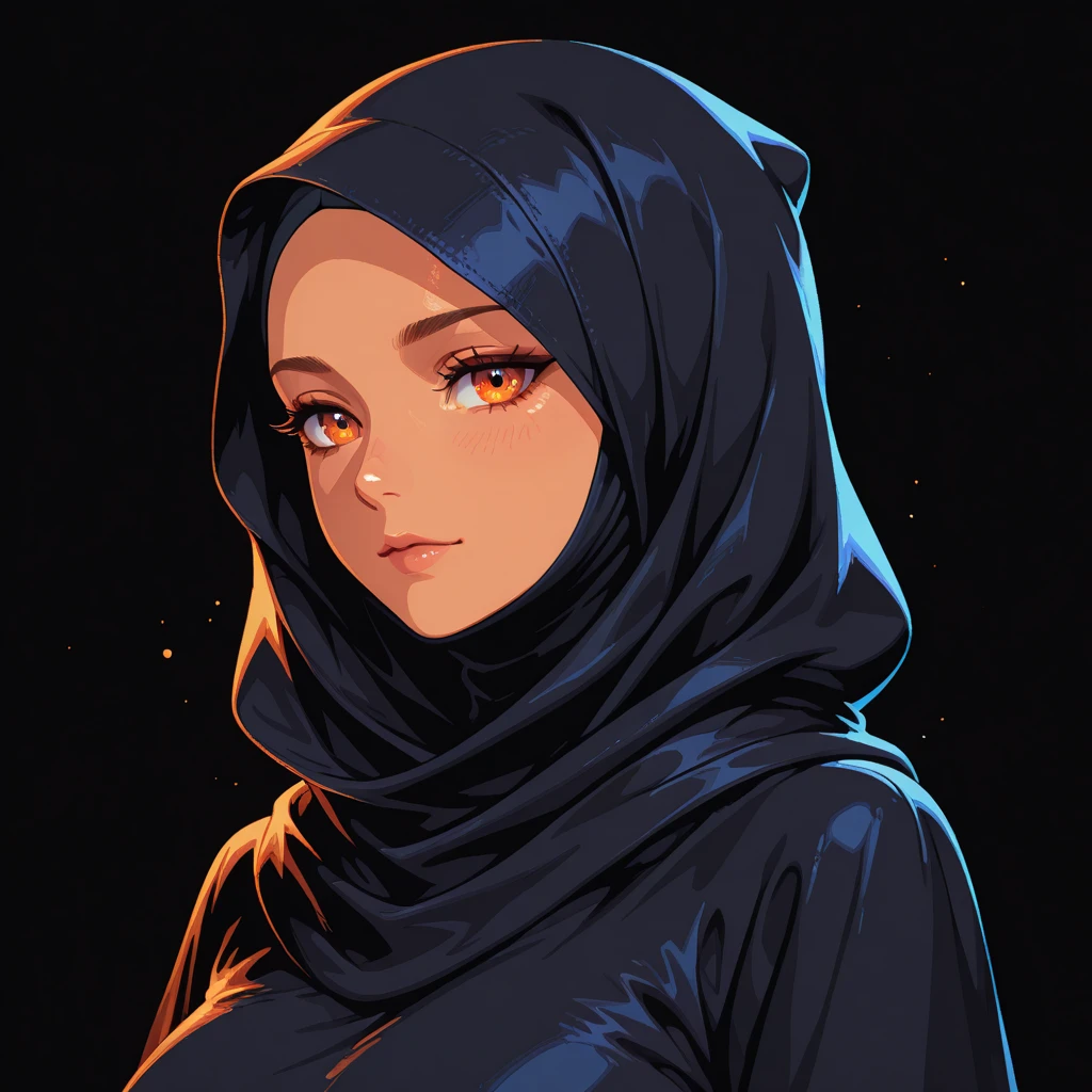 In the Anime style of UFOTABLE studio with excessive details: Develop an ultra-detailed illustration showcasing the extreme close-up of a 24-year-old woman's face, her eyes the focal point of the composition. Clothed in a black Abaya and Khimar Hijab, ensure no strands of hair are visible. In the background, a tranquil waterfall cascades down a rocky cliff, its crystalline waters shimmering in the sunlight. The serene beauty of the natural landscape complements the woman's inner peace and tranquility, creating a harmonious and captivating scene.